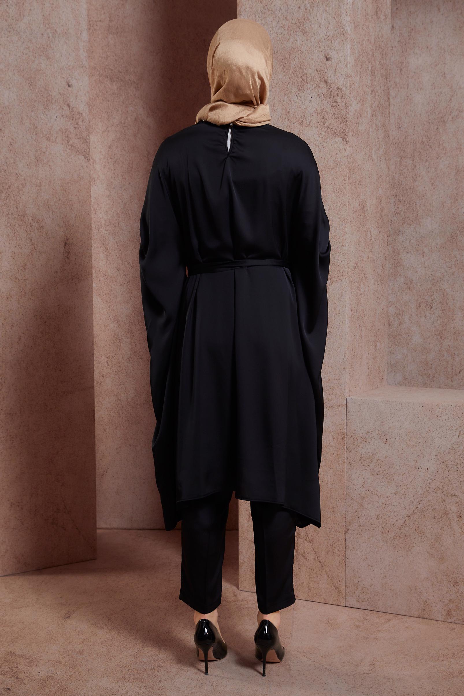 Tesettür giyim SİYAH KUŞAKLI PANTOLONLU TAKIM 44424