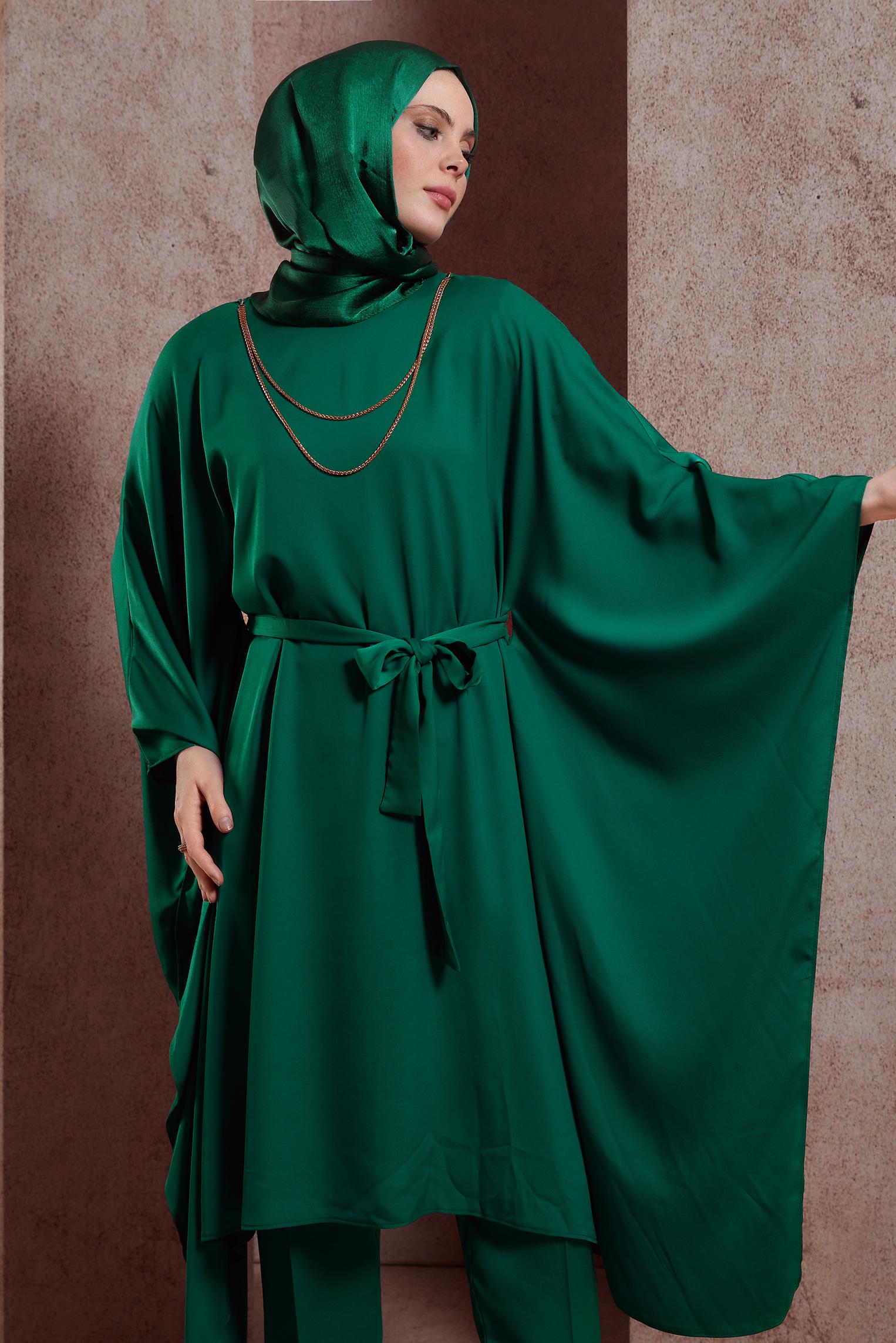 Tesettür giyim YEŞİL KUŞAKLI PANTOLONLU TAKIM 44424