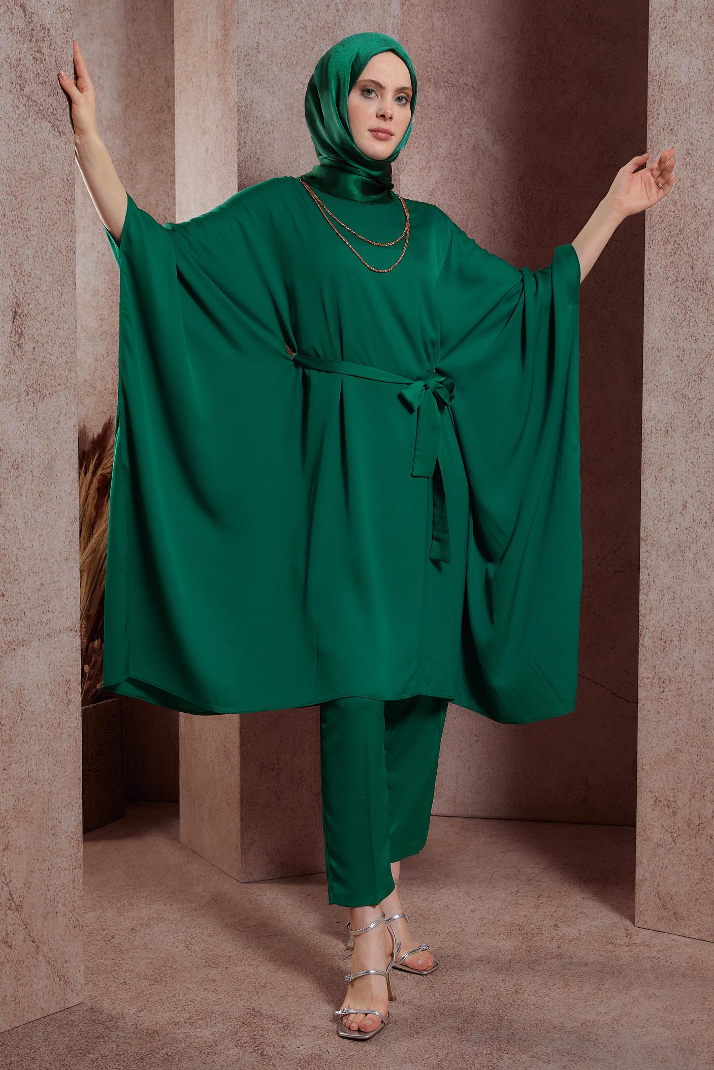 Tesettür giyim YEŞİL KUŞAKLI PANTOLONLU TAKIM 44424