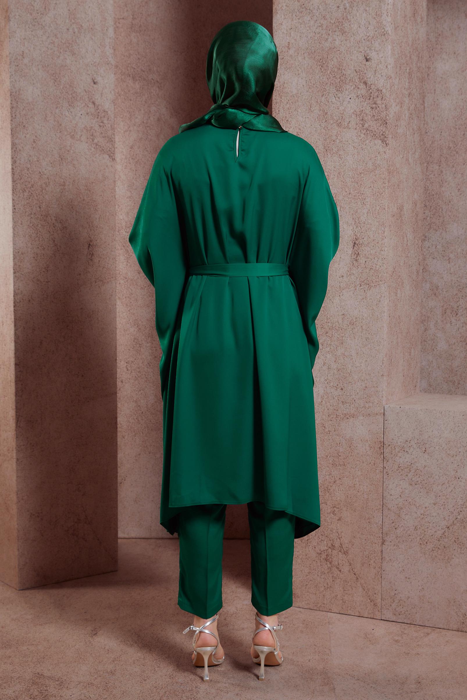 Tesettür giyim YEŞİL KUŞAKLI PANTOLONLU TAKIM 44424