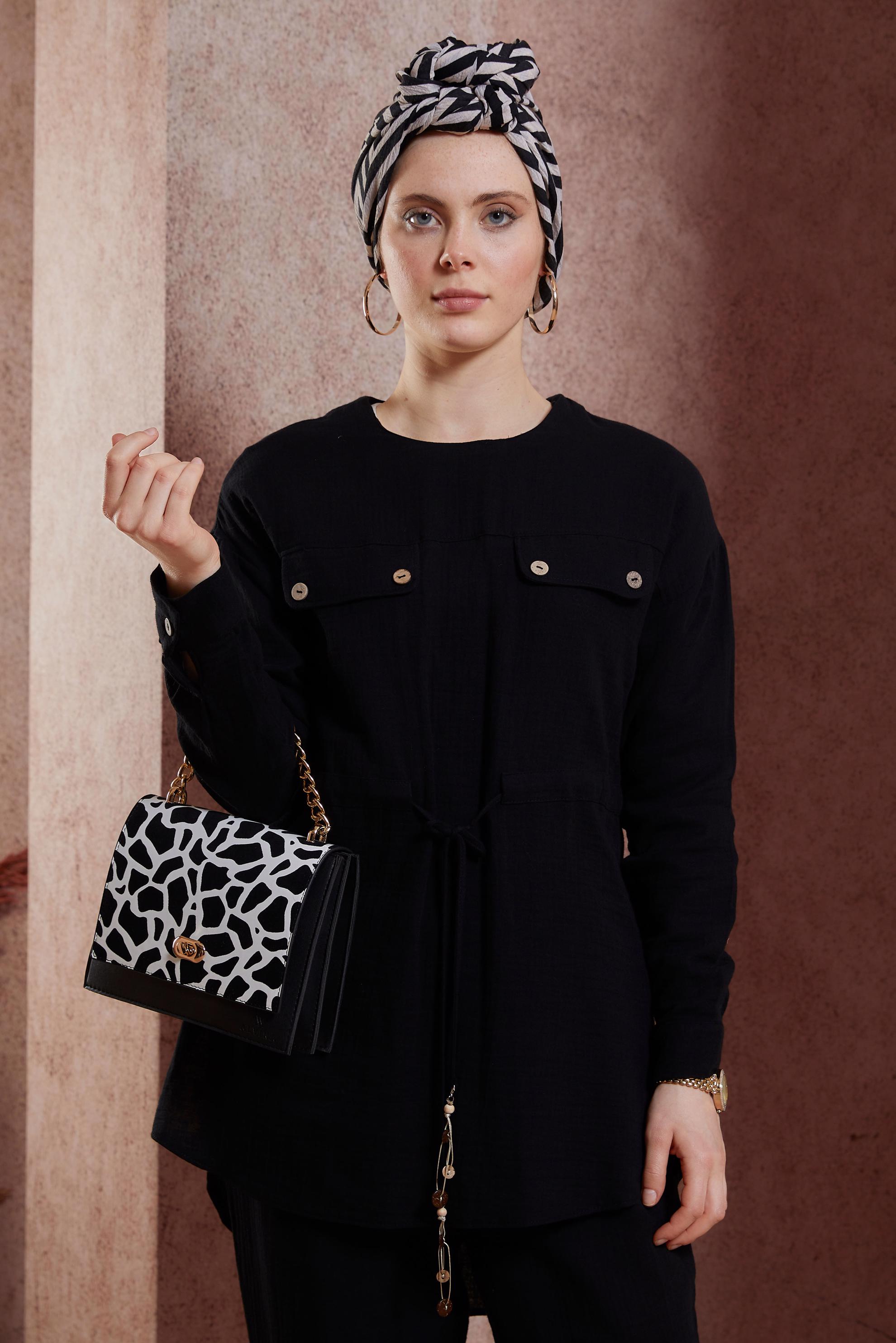 Tesettür giyim SİYAH BELİ BÜZGÜLÜ PANTOLONLU TAKIM 44425 