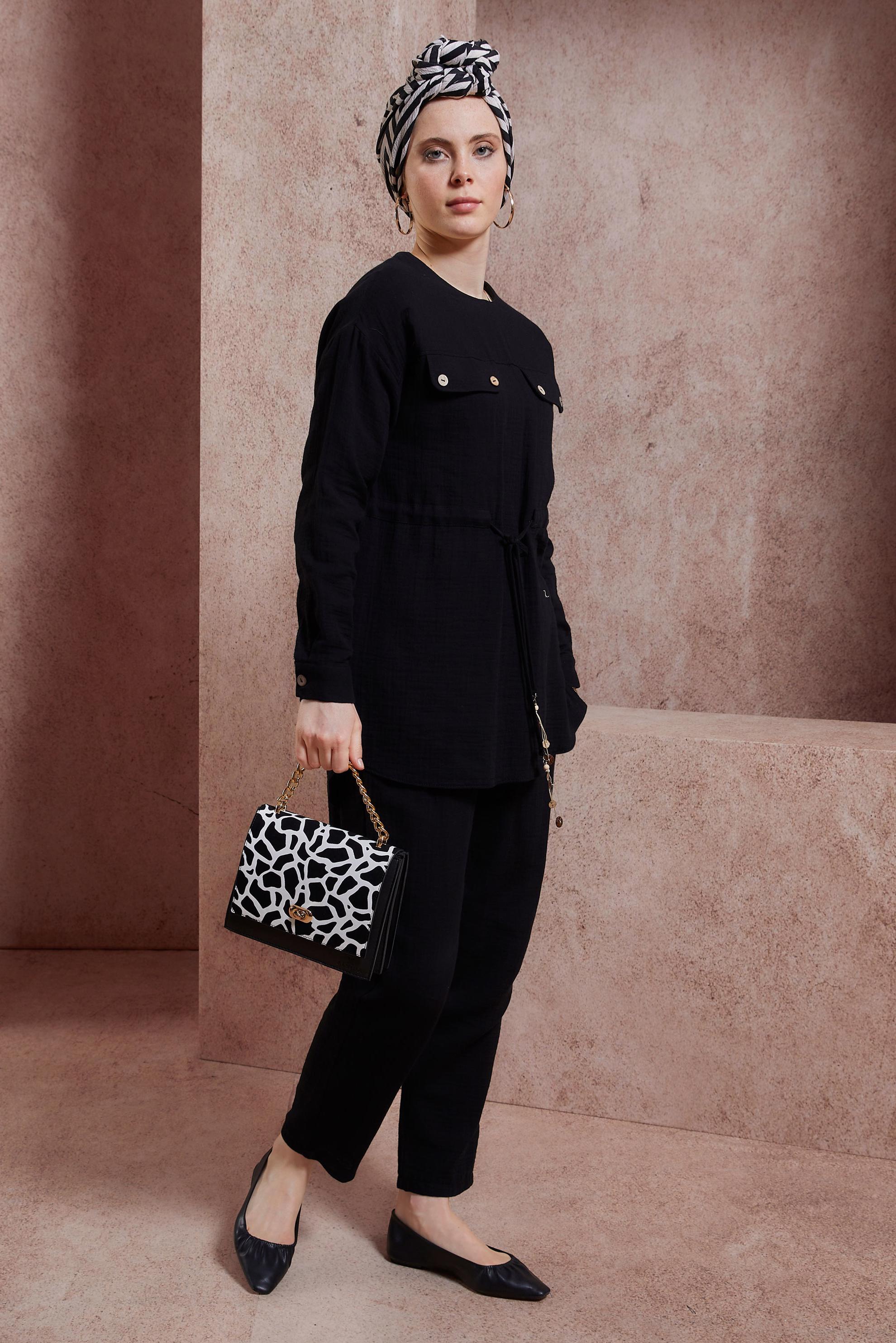 Tesettür giyim SİYAH BELİ BÜZGÜLÜ PANTOLONLU TAKIM 44425 