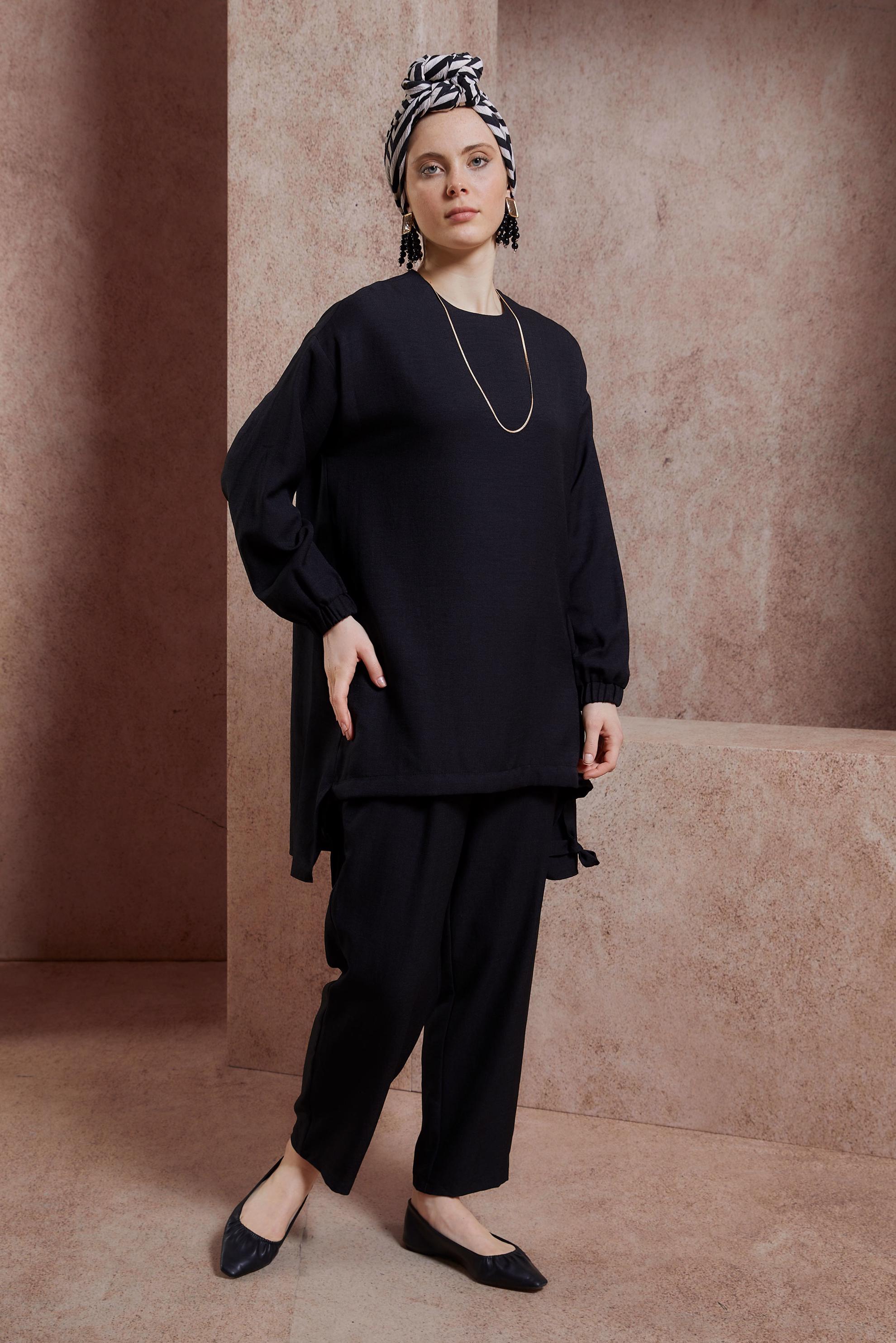 Tesettür giyim SİYAH BİSİKLET YAKA PANTOLONLU TAKIM 44436