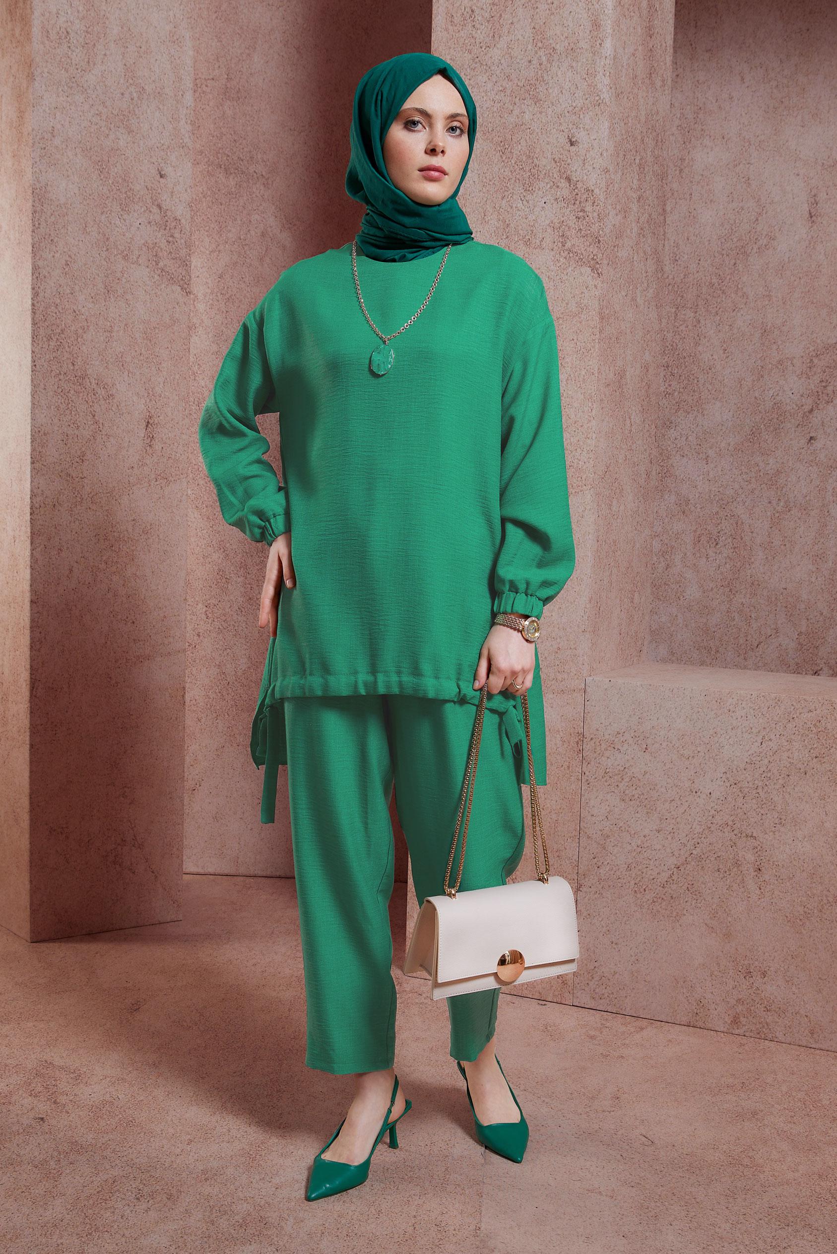 Tesettür giyim YEŞİL BİSİKLET YAKA PANTOLONLU TAKIM 44436