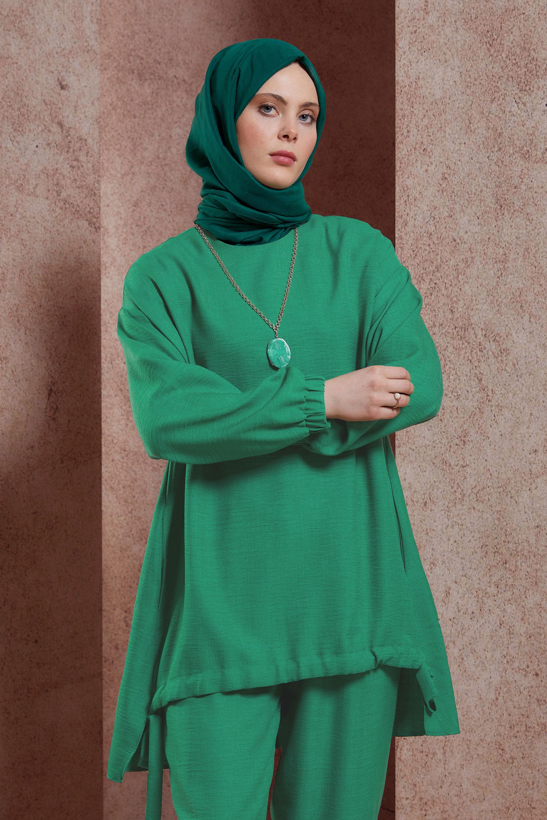 Tesettür giyim YEŞİL BİSİKLET YAKA PANTOLONLU TAKIM 44436
