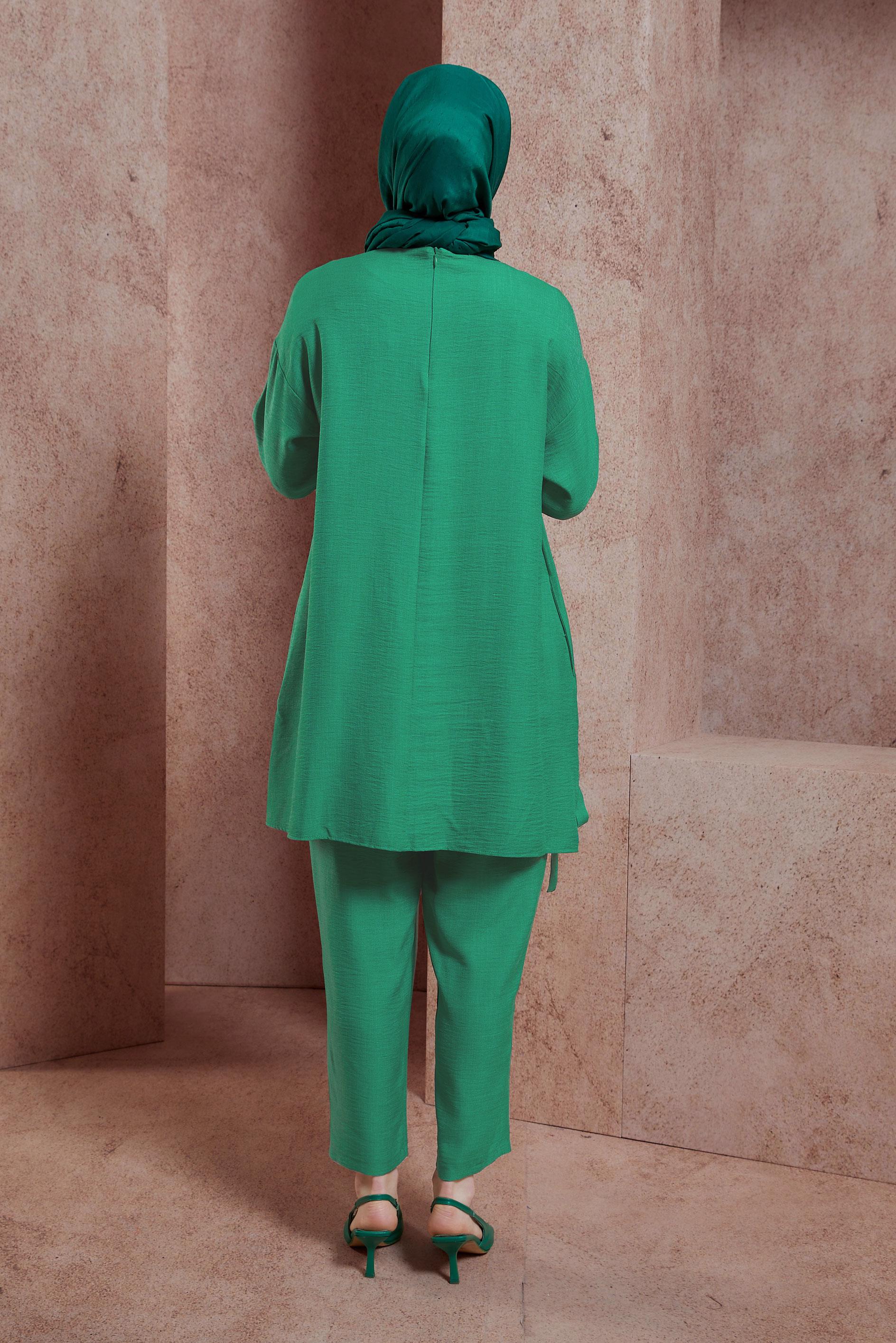 Tesettür giyim YEŞİL BİSİKLET YAKA PANTOLONLU TAKIM 44436