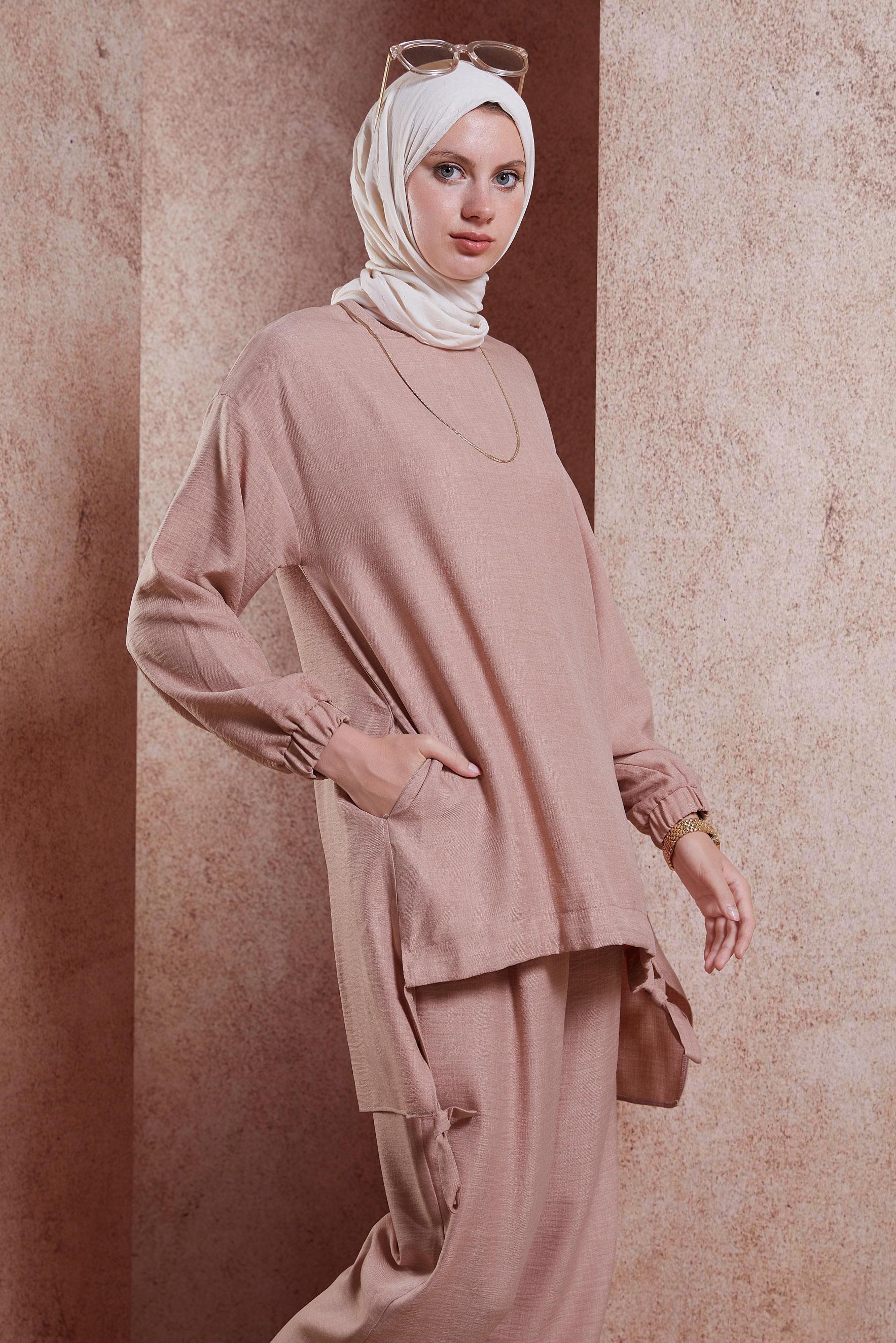 Tesettür giyim PUDRA BİSİKLET YAKA PANTOLONLU TAKIM 44436
