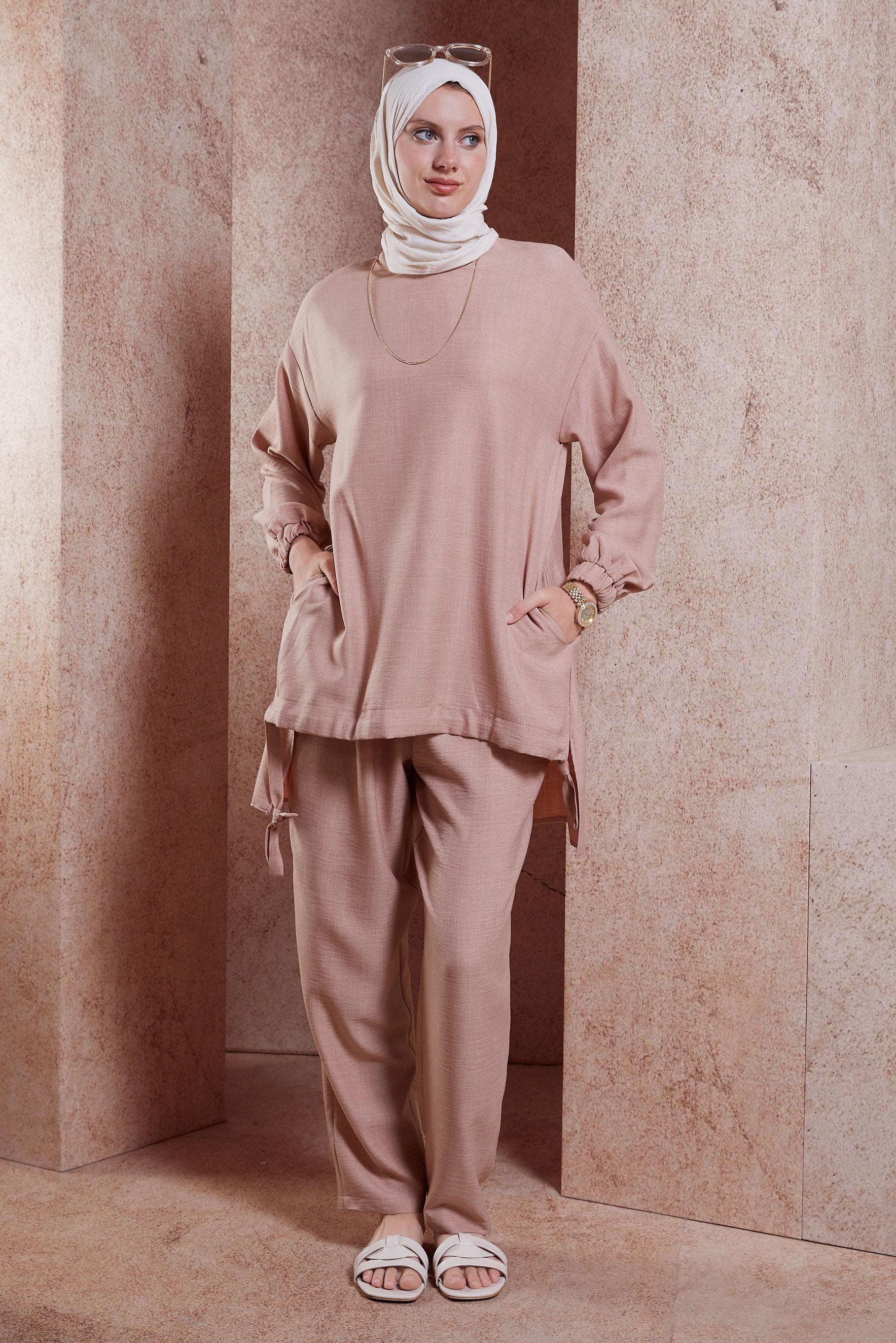 Tesettür giyim PUDRA BİSİKLET YAKA PANTOLONLU TAKIM 44436