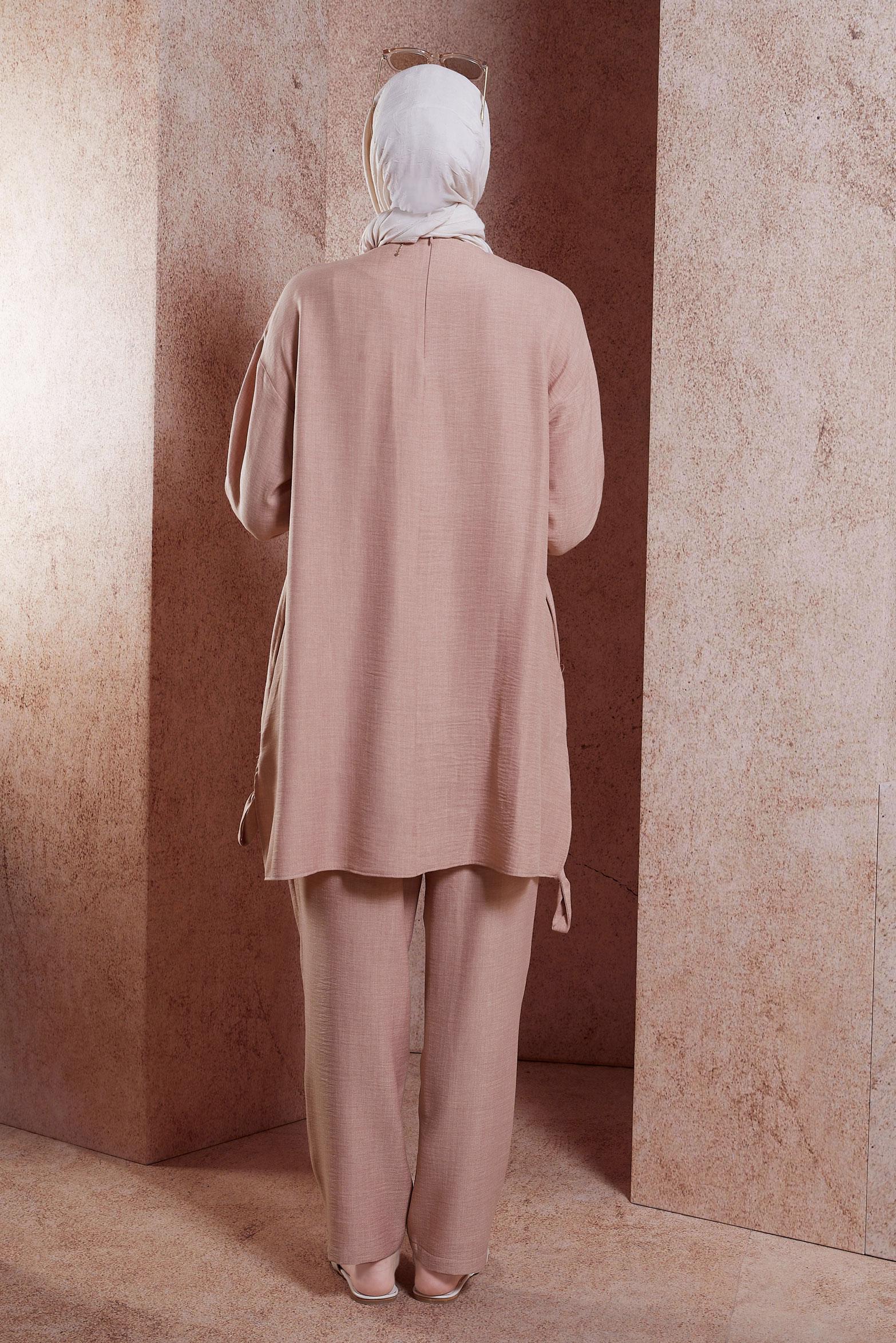 Tesettür giyim PUDRA BİSİKLET YAKA PANTOLONLU TAKIM 44436