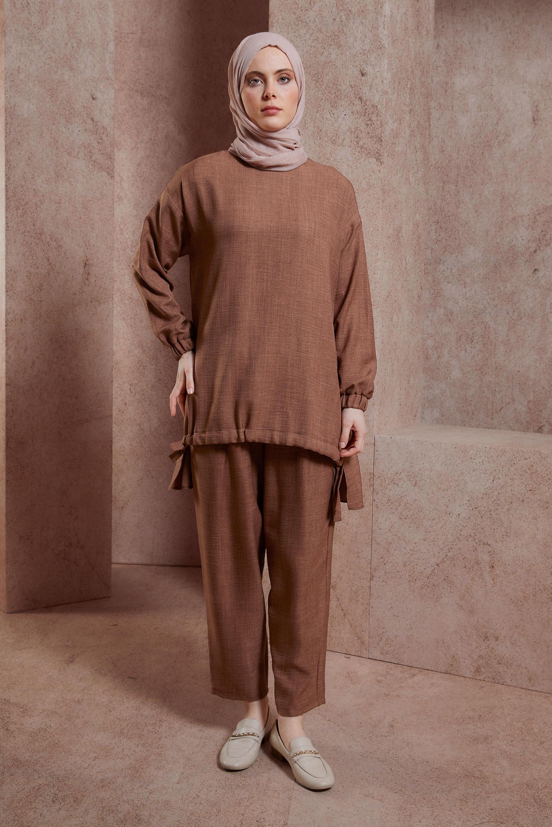 Tesettür giyim TABA BİSİKLET YAKA PANTOLONLU TAKIM 44436