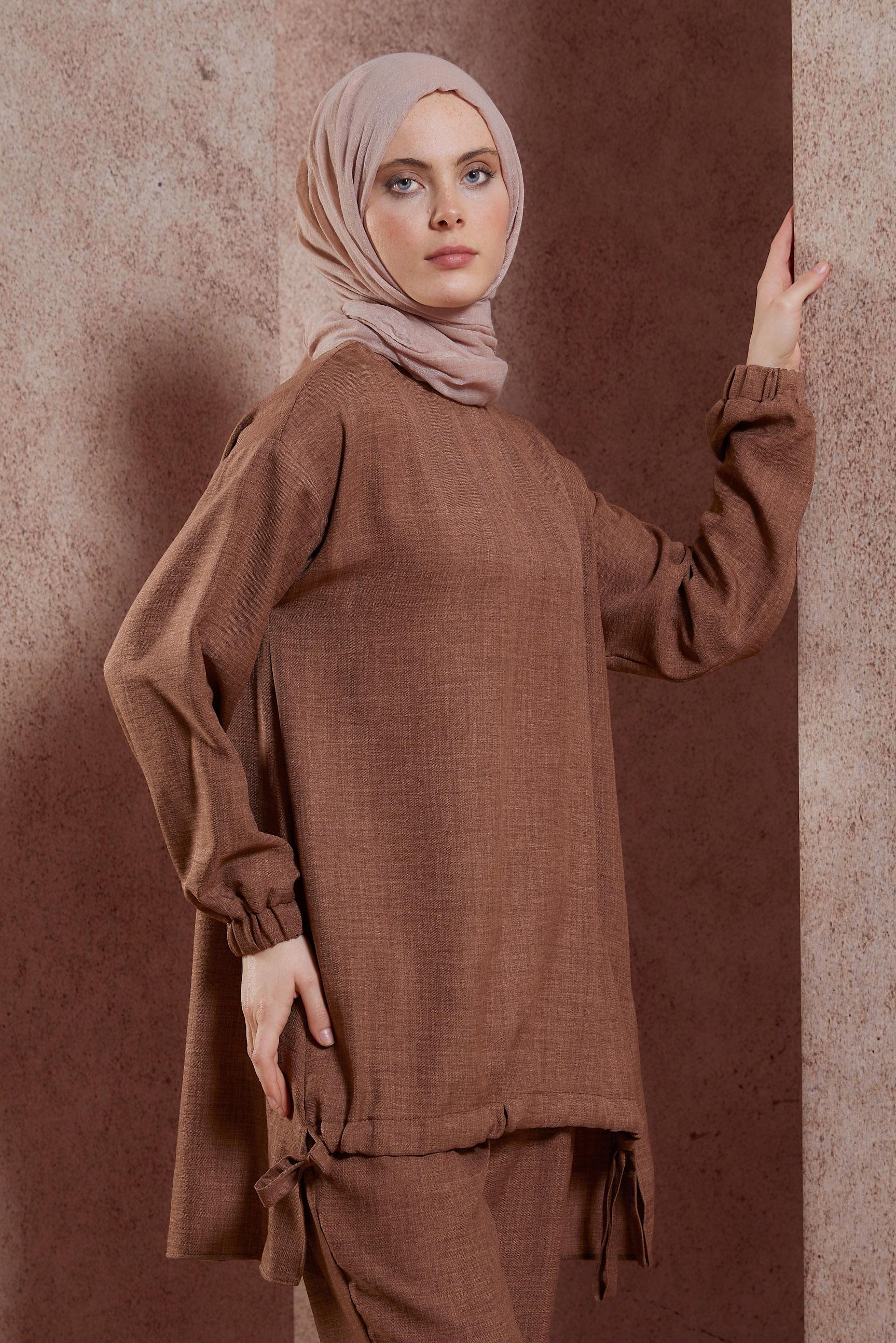 Tesettür giyim TABA BİSİKLET YAKA PANTOLONLU TAKIM 44436