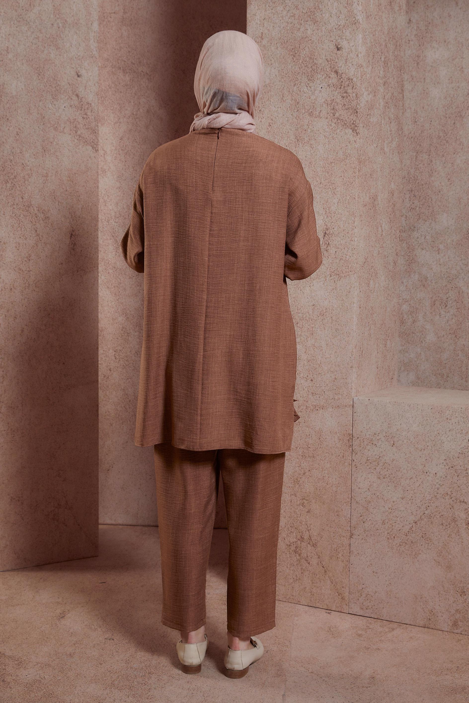 Tesettür giyim TABA BİSİKLET YAKA PANTOLONLU TAKIM 44436