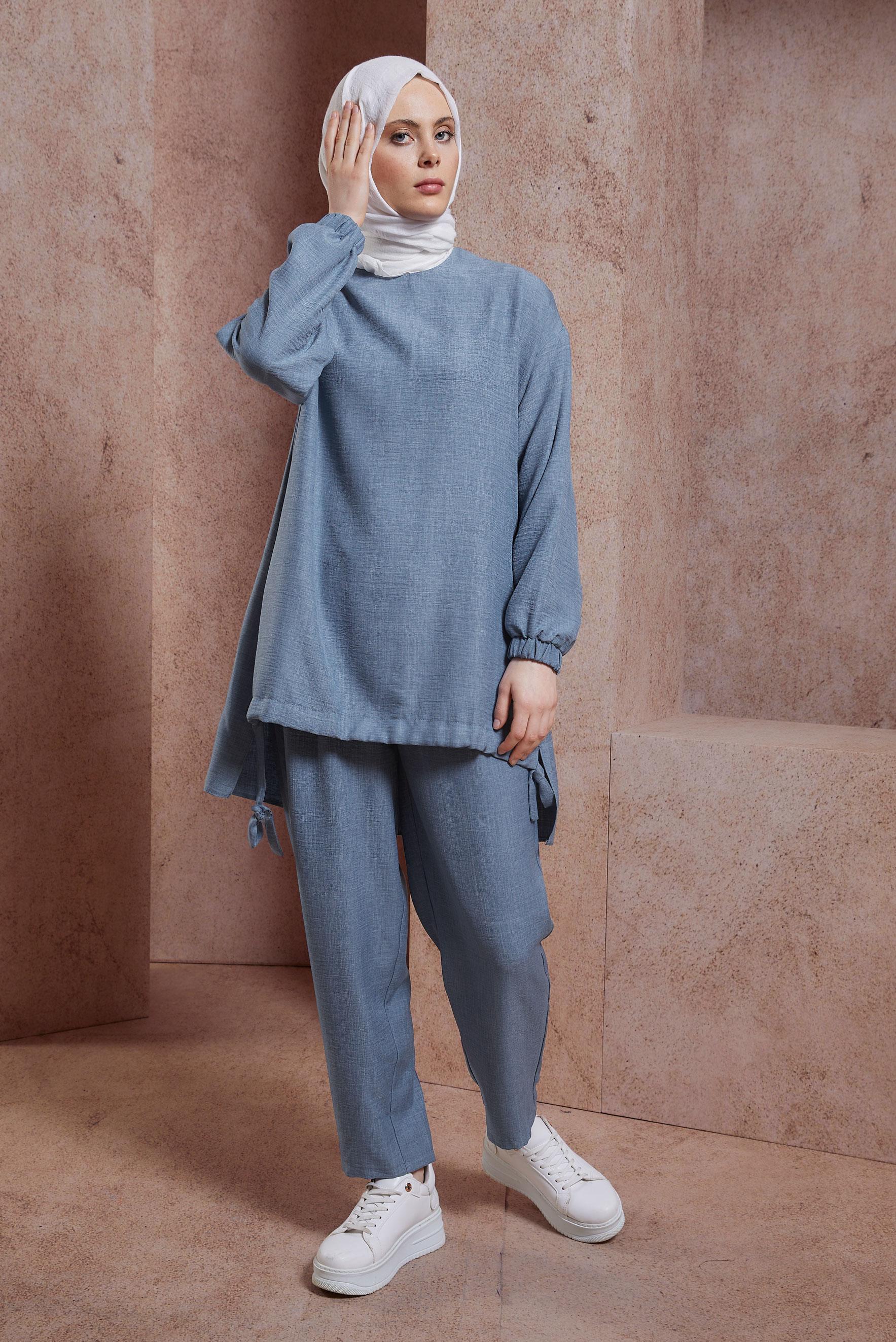 Tesettür giyim LACİVERT BİSİKLET YAKA PANTOLONLU TAKIM 44436