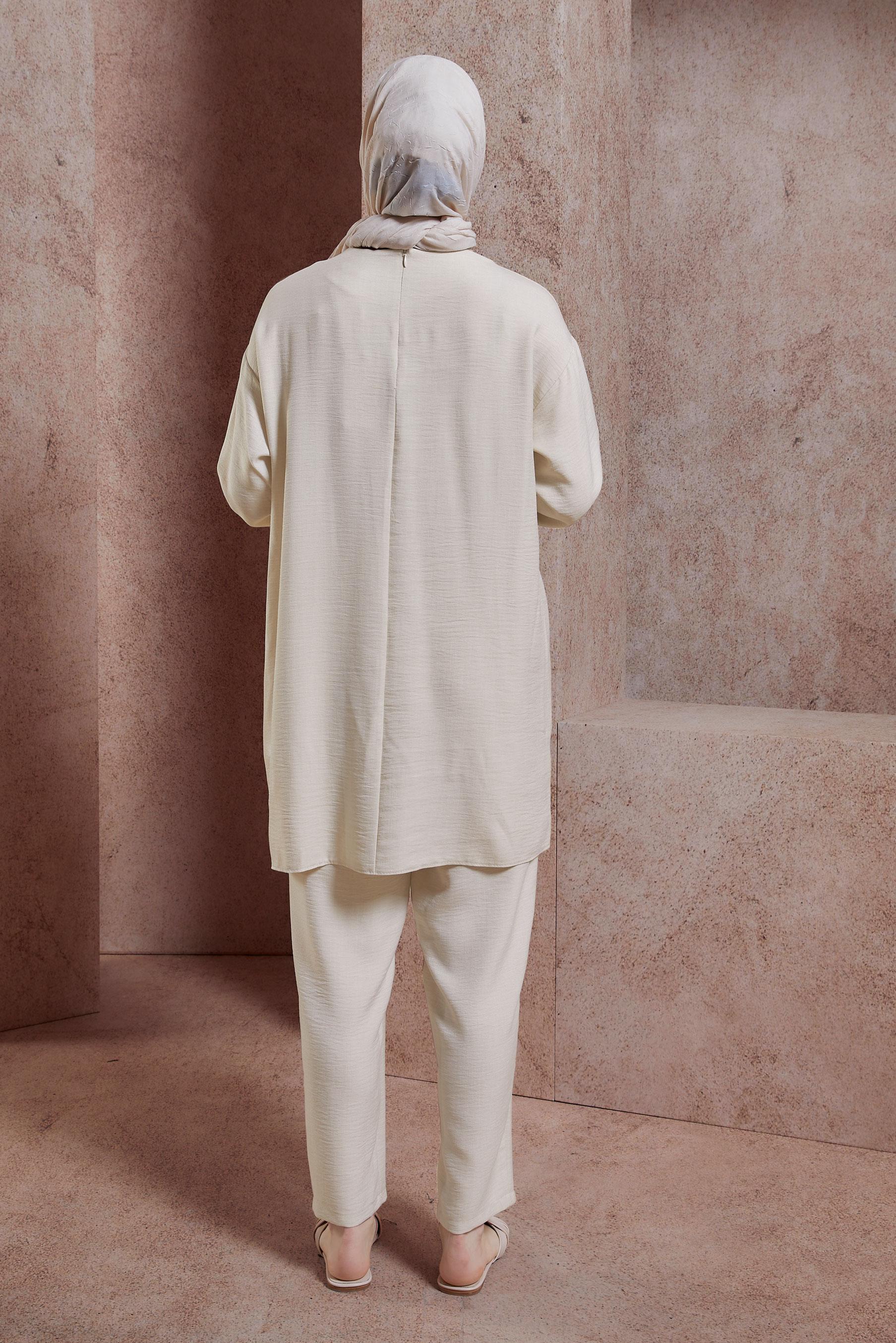 Tesettür giyim BEJ BİSİKLET YAKA PANTOLONLU TAKIM 44436