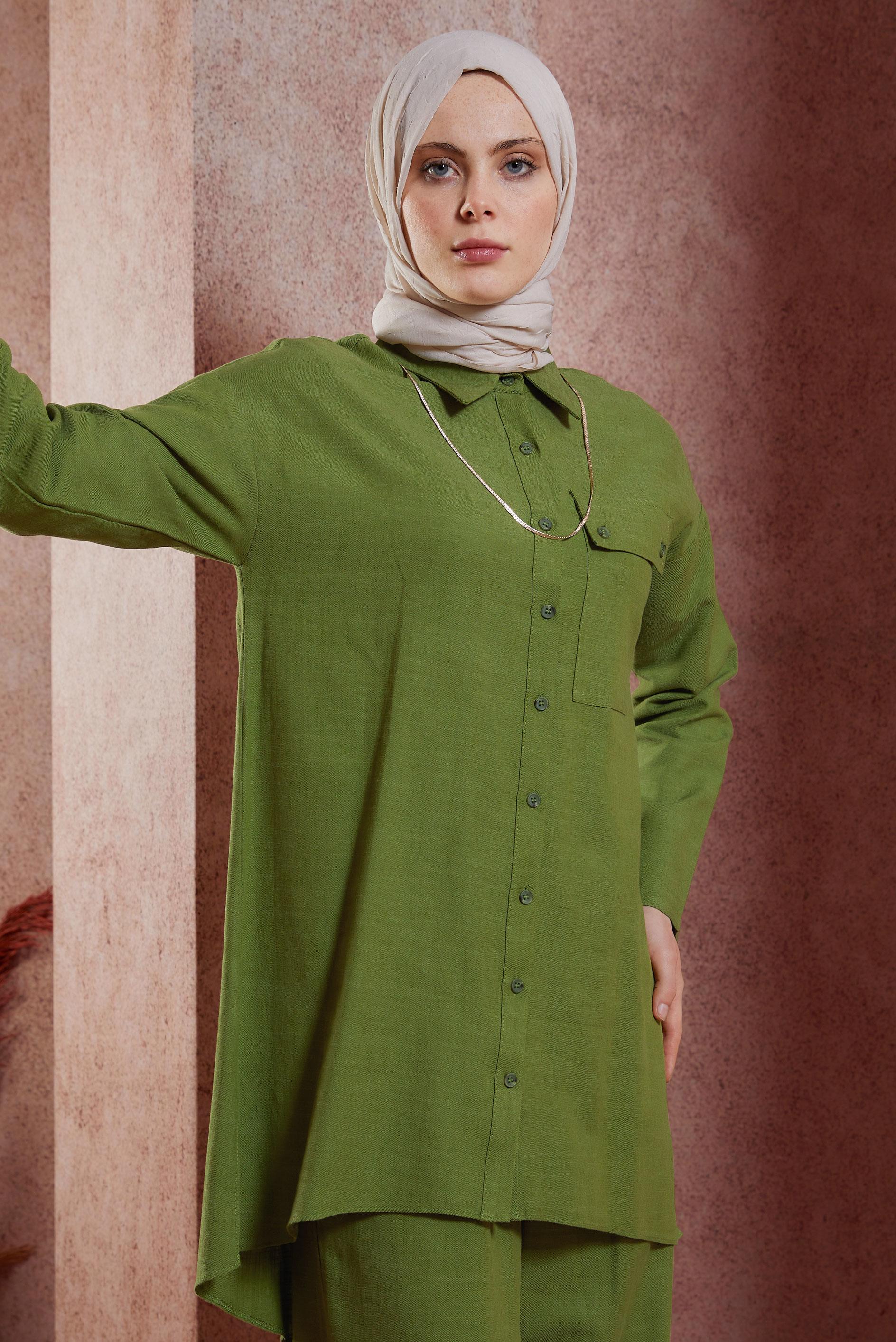 Tesettür giyim YEŞİL GÖMLEK YAKA PANTOLONLU TAKIM 44437