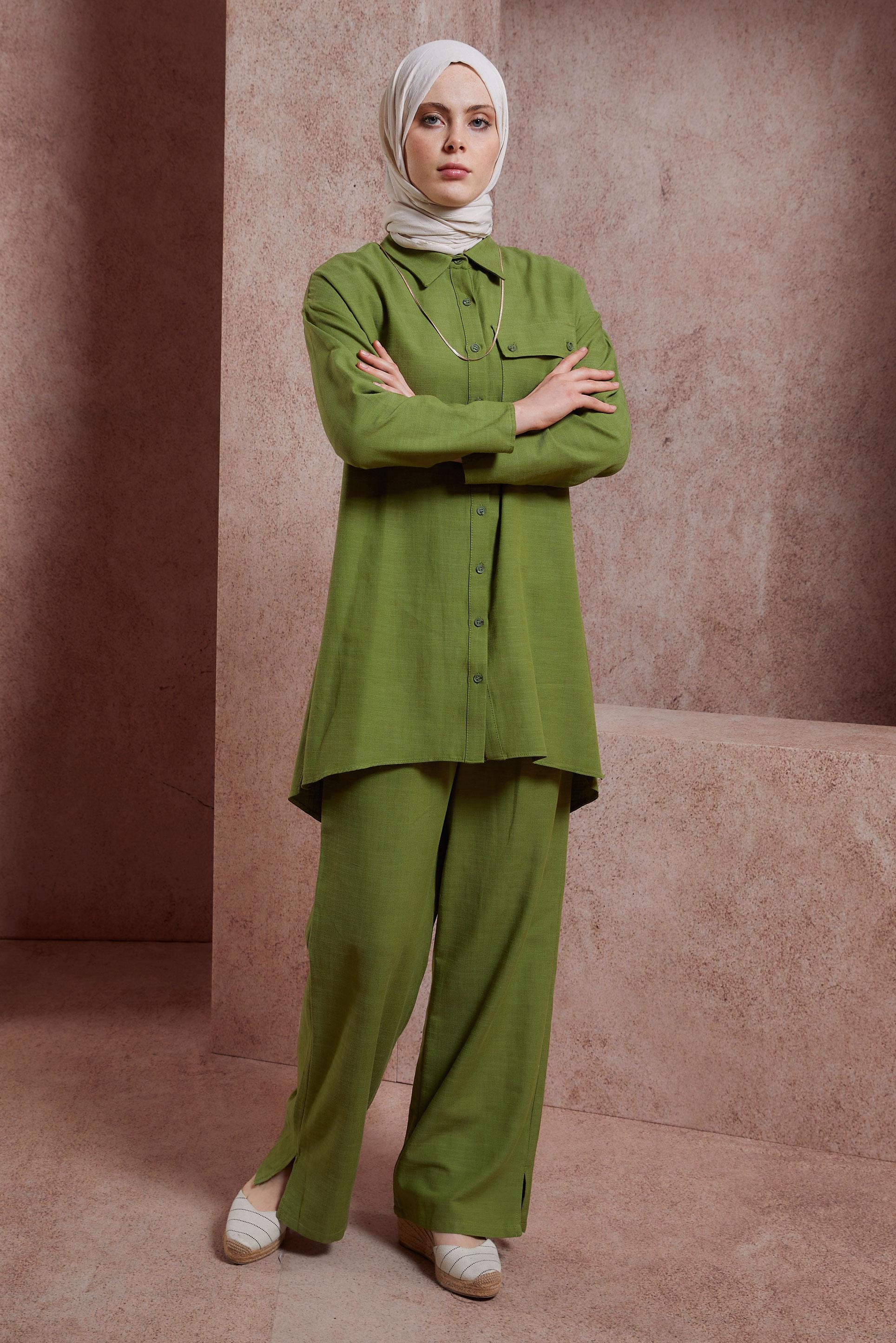 Tesettür giyim YEŞİL GÖMLEK YAKA PANTOLONLU TAKIM 44437