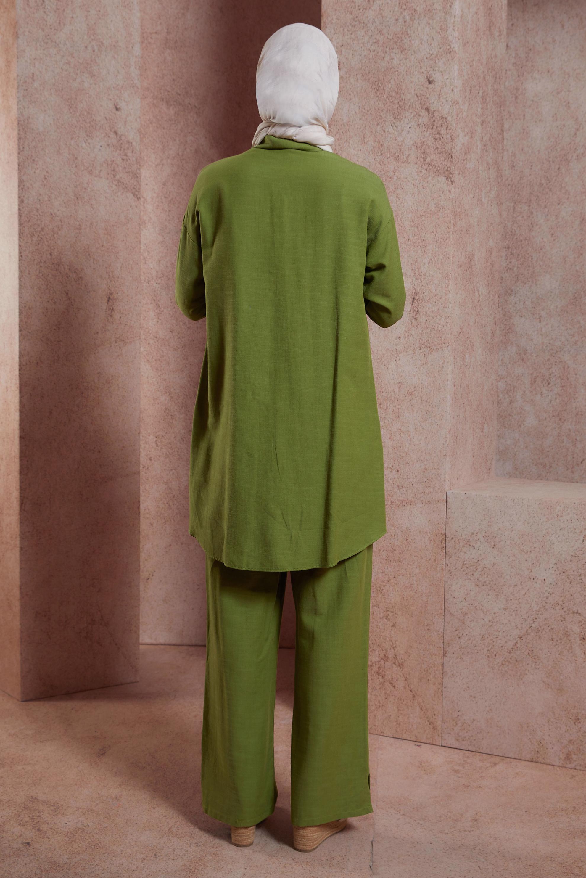 Tesettür giyim YEŞİL GÖMLEK YAKA PANTOLONLU TAKIM 44437