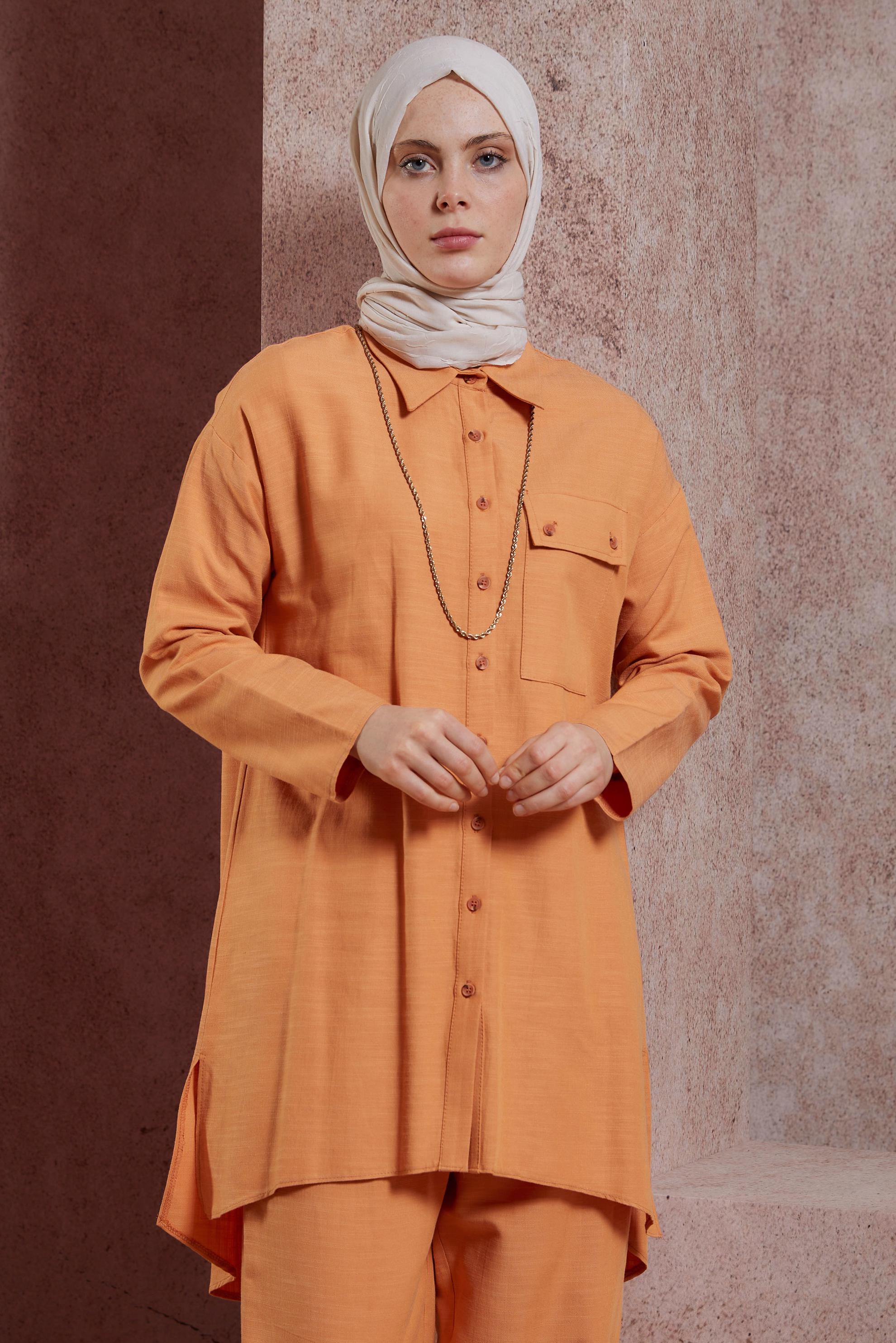 Tesettür giyim TURUNCU GÖMLEK YAKA PANTOLONLU TAKIM 44437