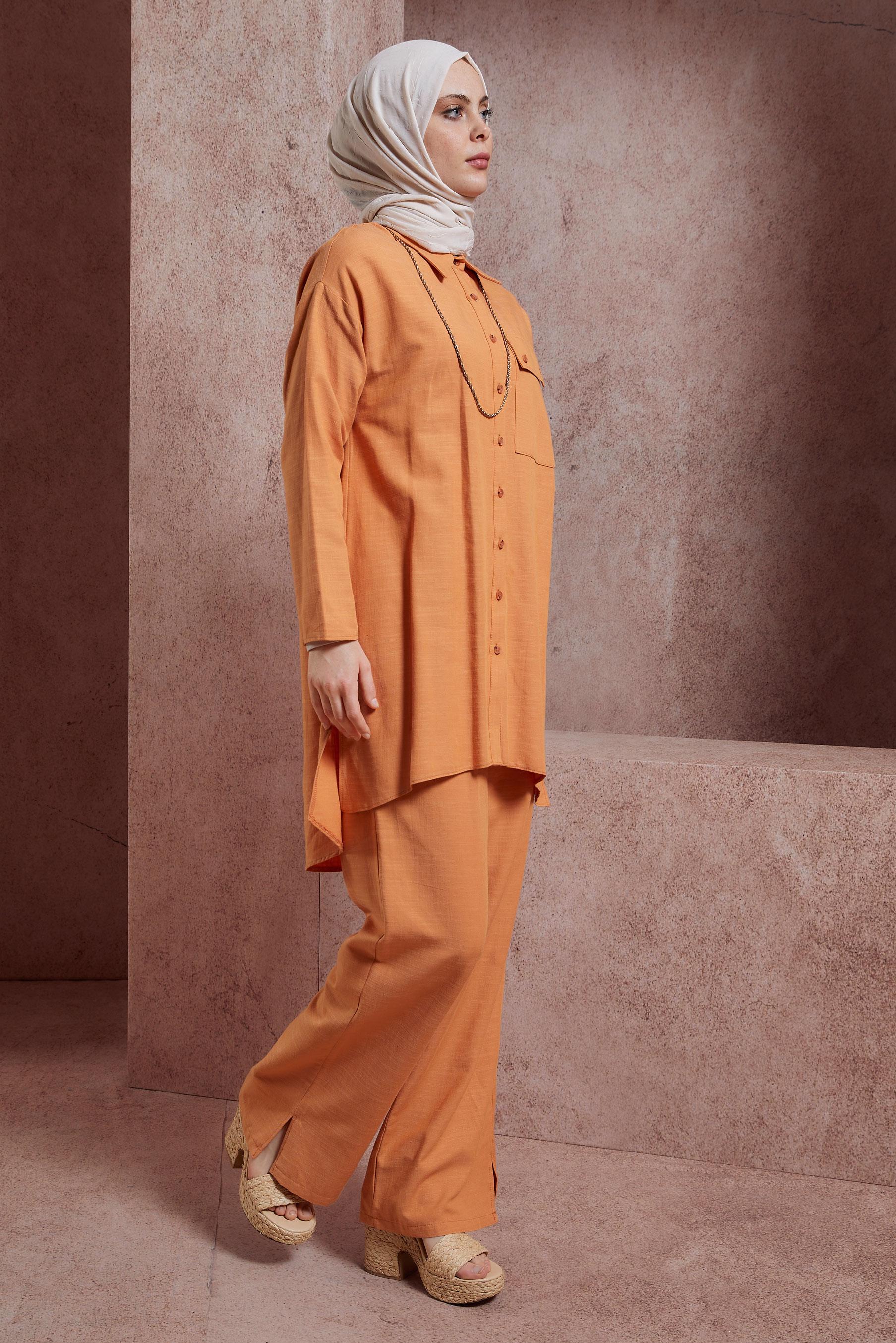 Tesettür giyim TURUNCU GÖMLEK YAKA PANTOLONLU TAKIM 44437