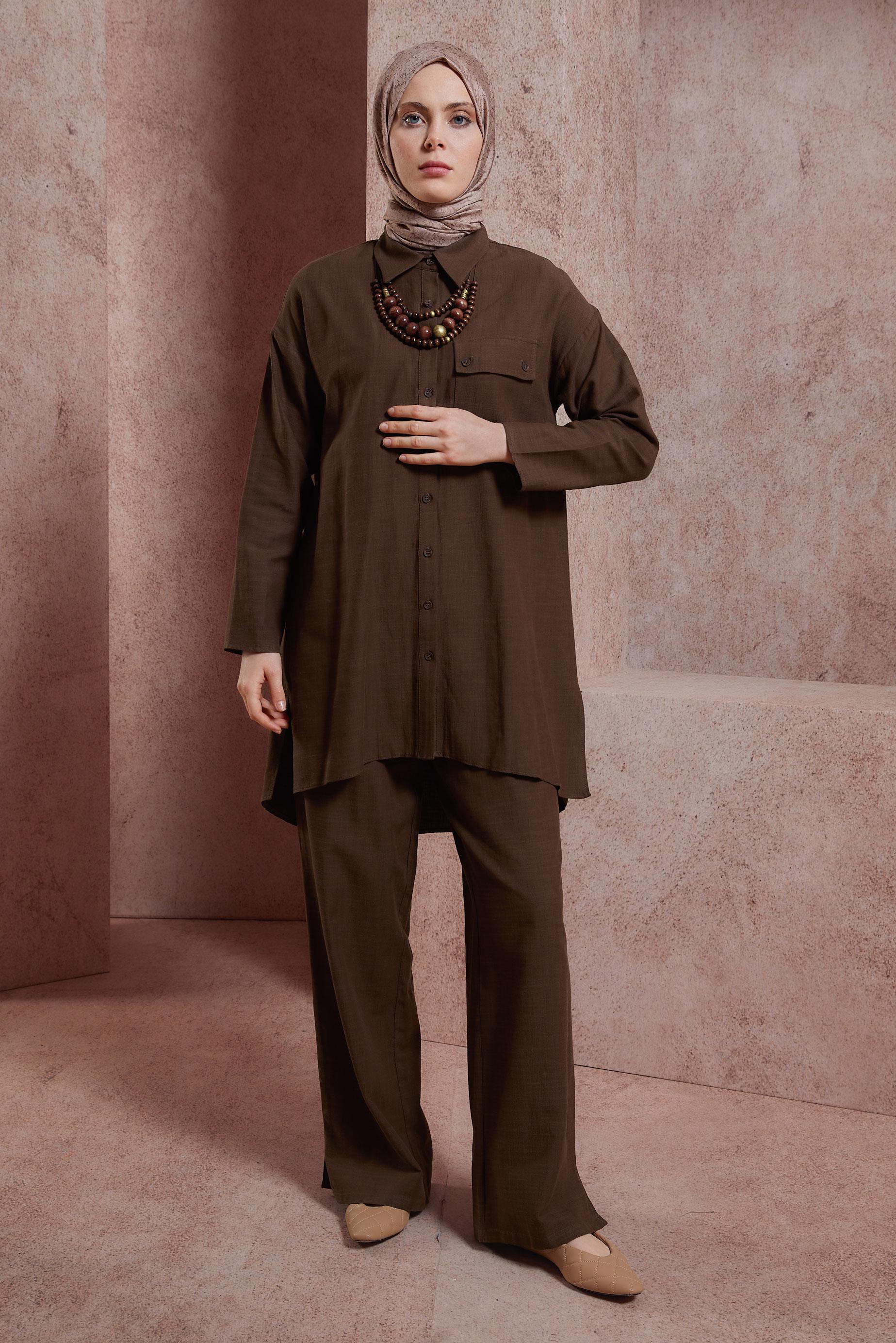 Tesettür giyim KAHVE GÖMLEK YAKA PANTOLONLU TAKIM 44437