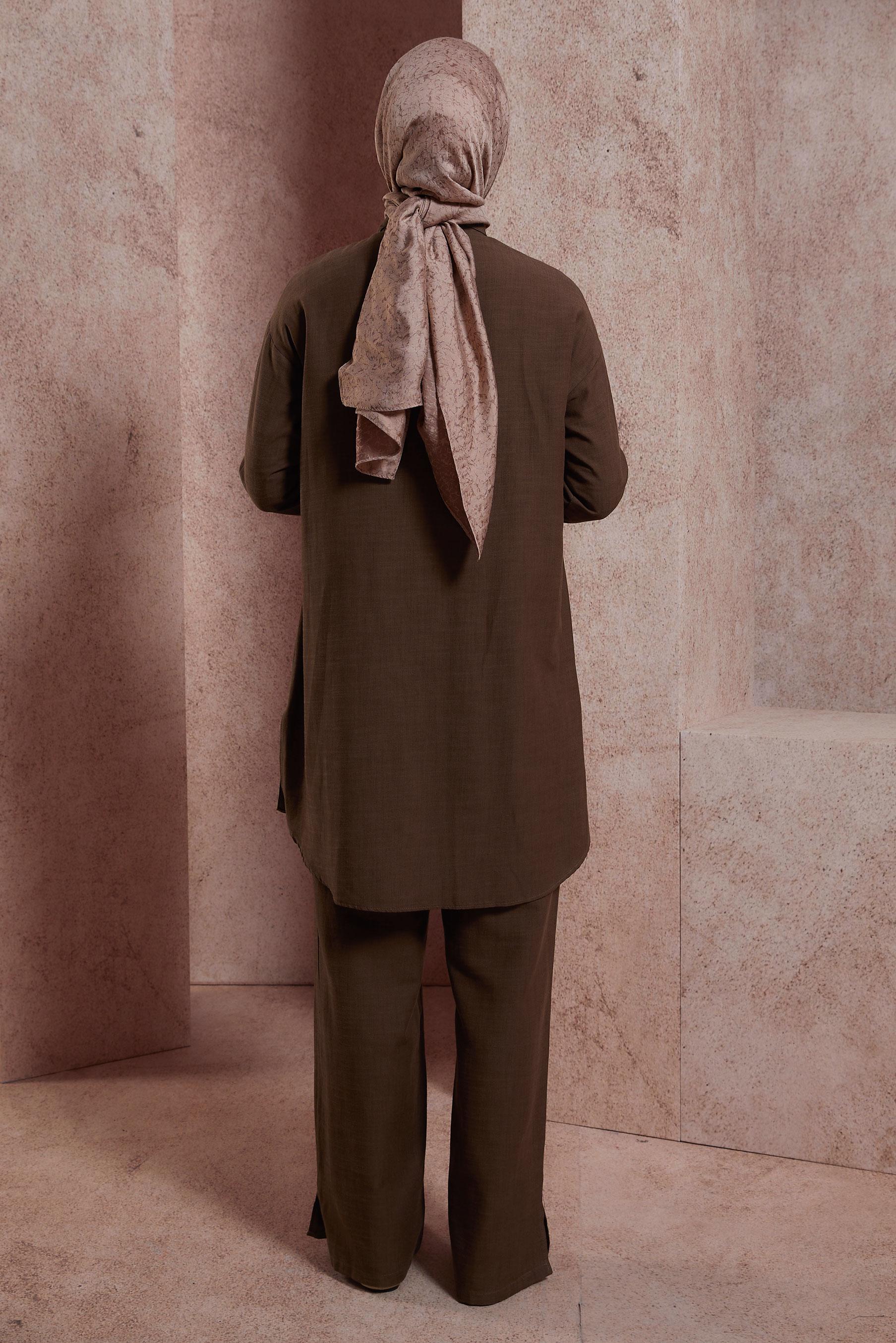 Tesettür giyim KAHVE GÖMLEK YAKA PANTOLONLU TAKIM 44437