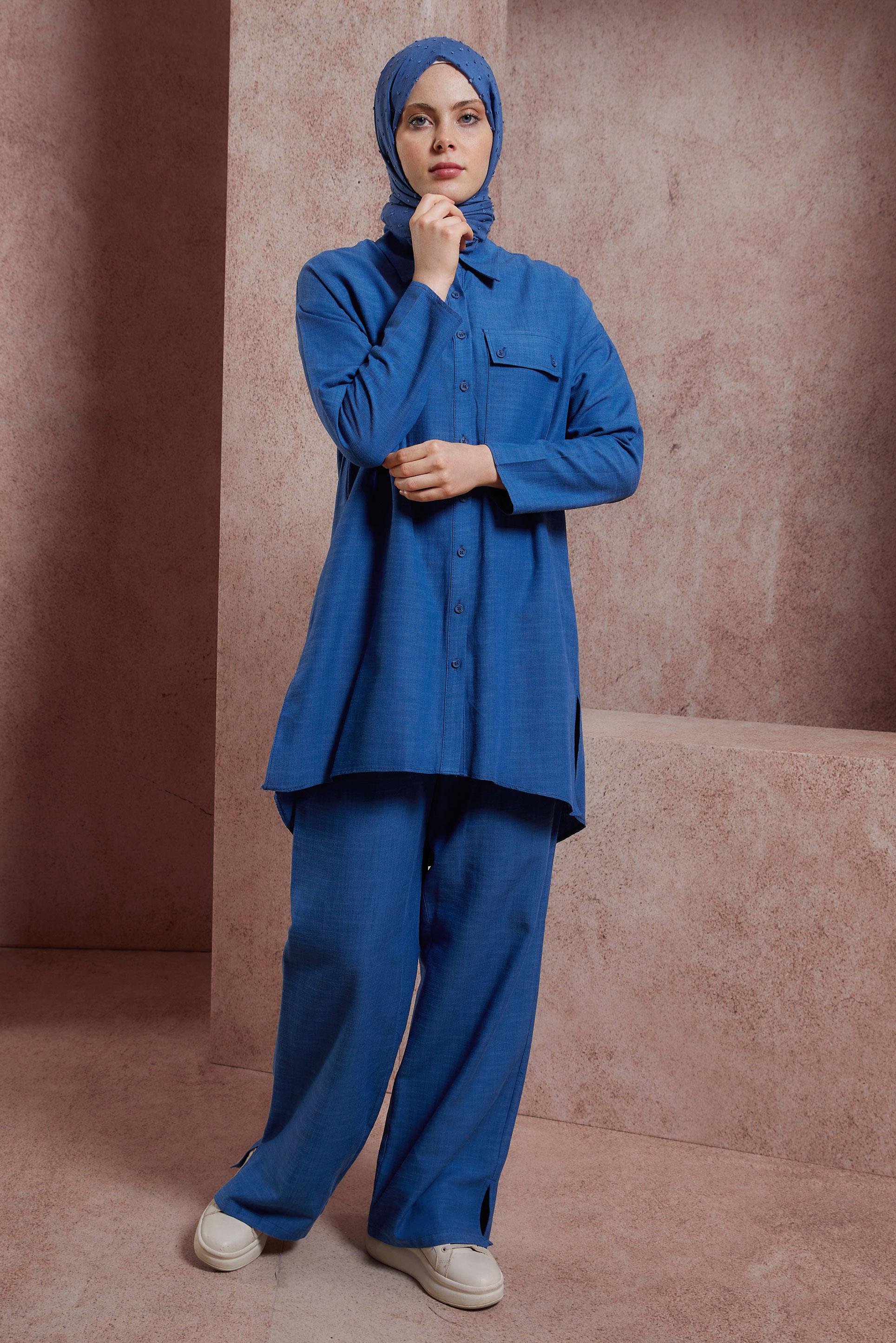 Tesettür giyim LACİVERT GÖMLEK YAKA PANTOLONLU TAKIM 44437