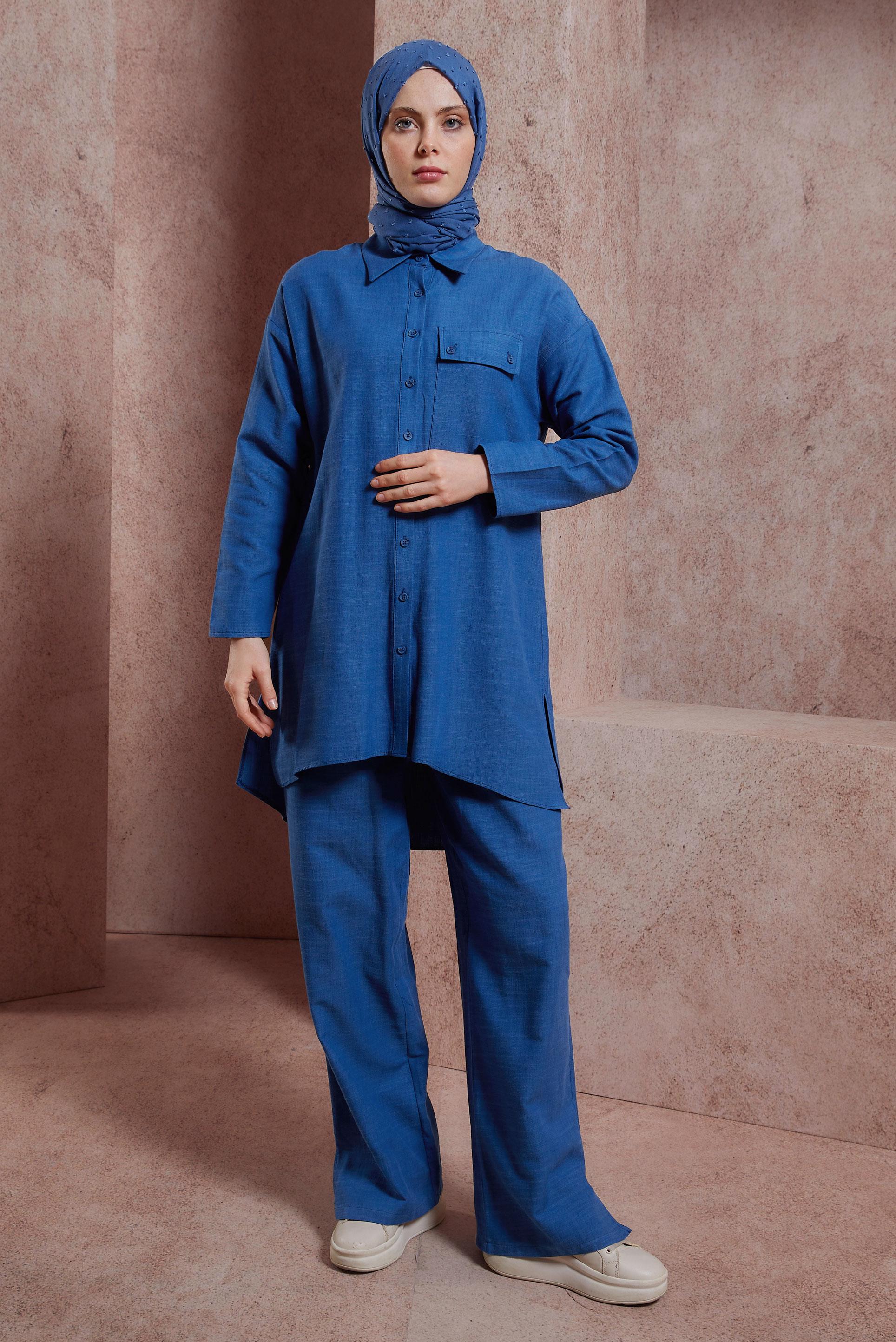 Tesettür giyim LACİVERT GÖMLEK YAKA PANTOLONLU TAKIM 44437