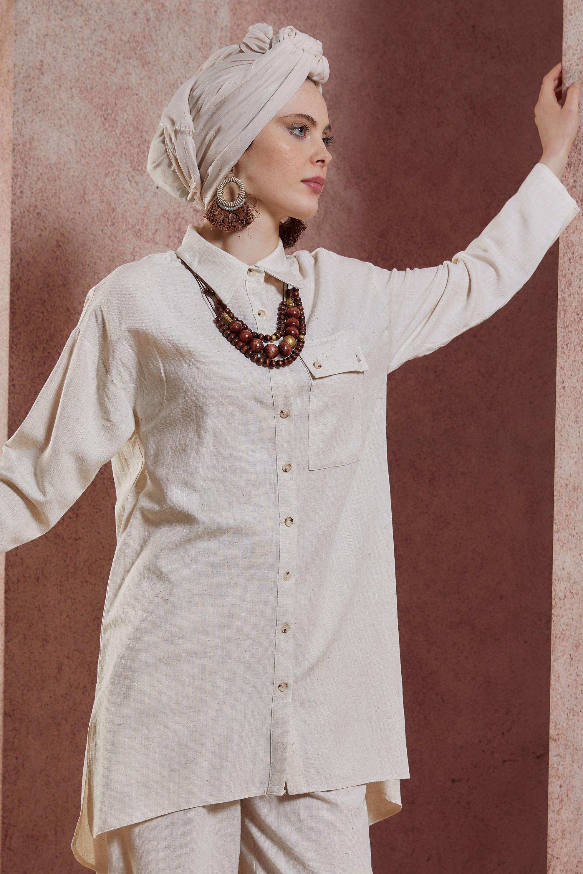 Tesettür giyim BEJ GÖMLEK YAKA PANTOLONLU TAKIM 44437