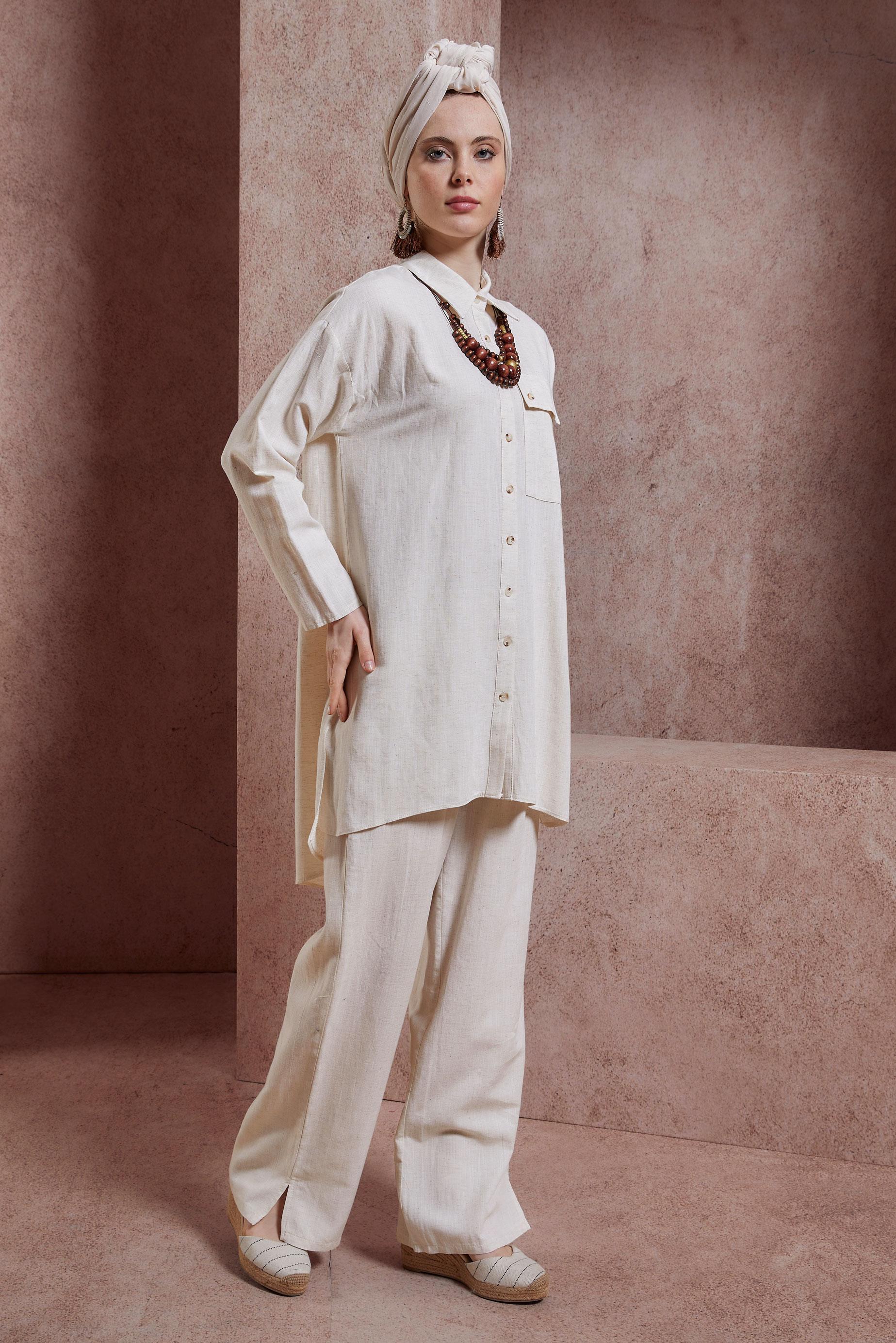 Tesettür giyim BEJ GÖMLEK YAKA PANTOLONLU TAKIM 44437