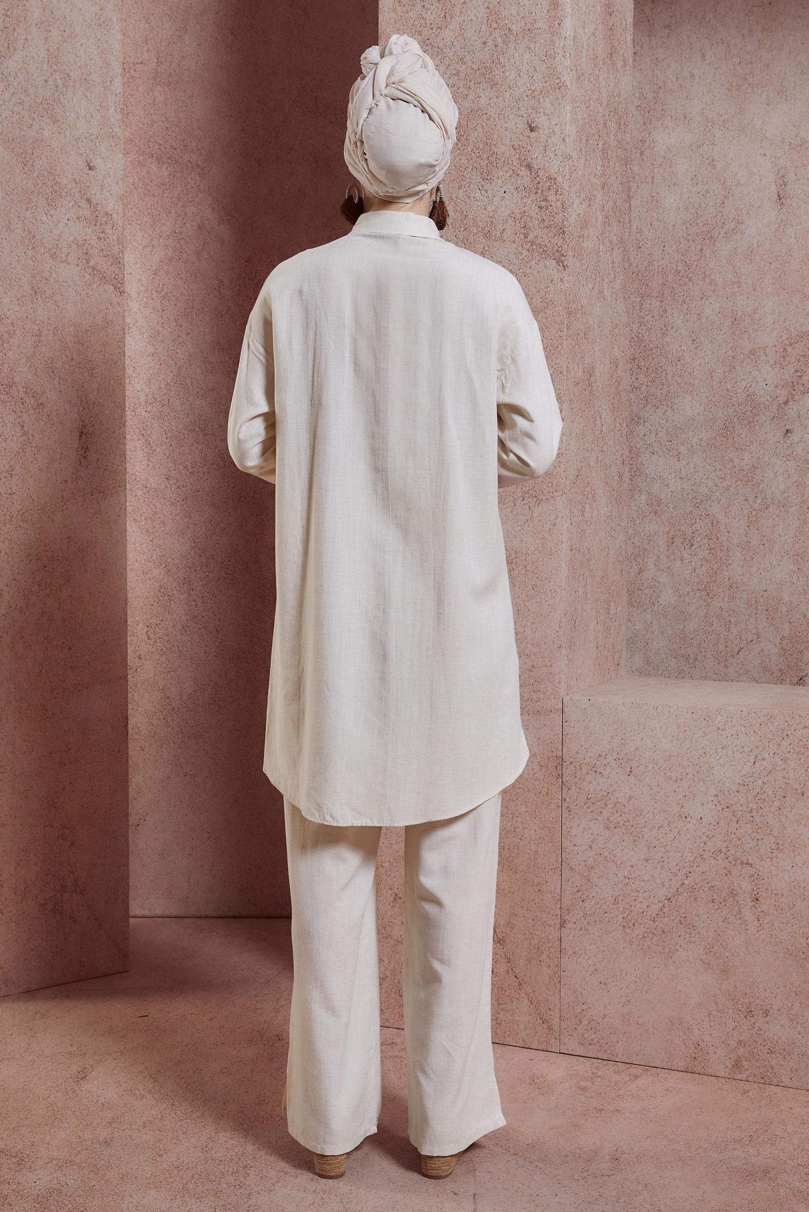 Tesettür giyim BEJ GÖMLEK YAKA PANTOLONLU TAKIM 44437