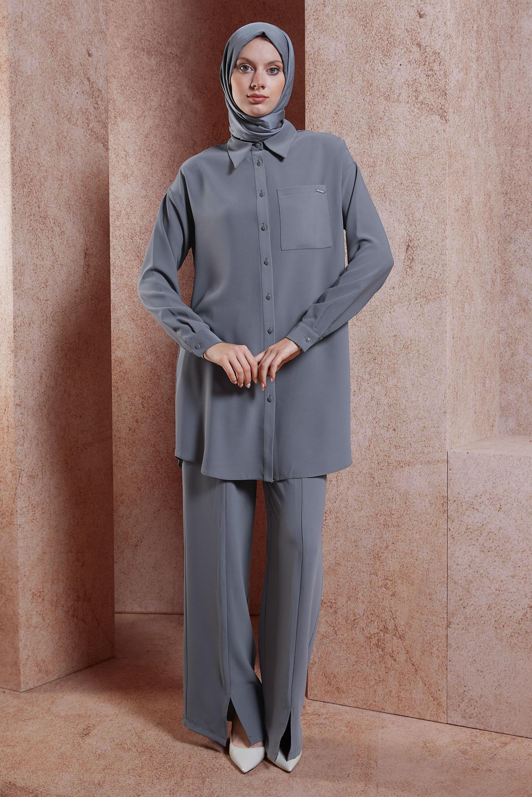 Tesettür giyim GRİ YIRTMAÇ DETAYLI PANTOLONLU TAKIM 44446