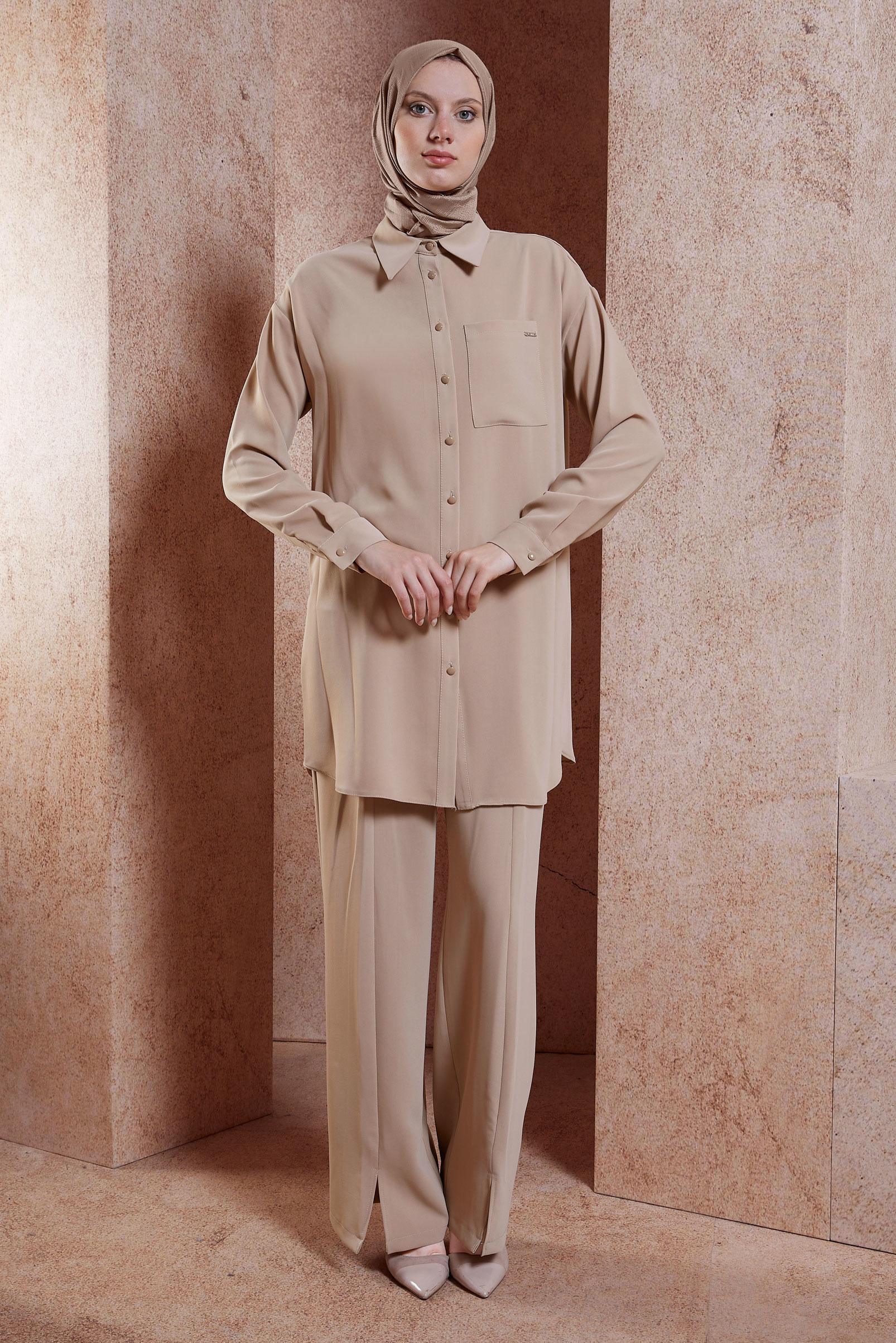 Tesettür giyim VİZON YIRTMAÇ DETAYLI PANTOLONLU TAKIM 44446