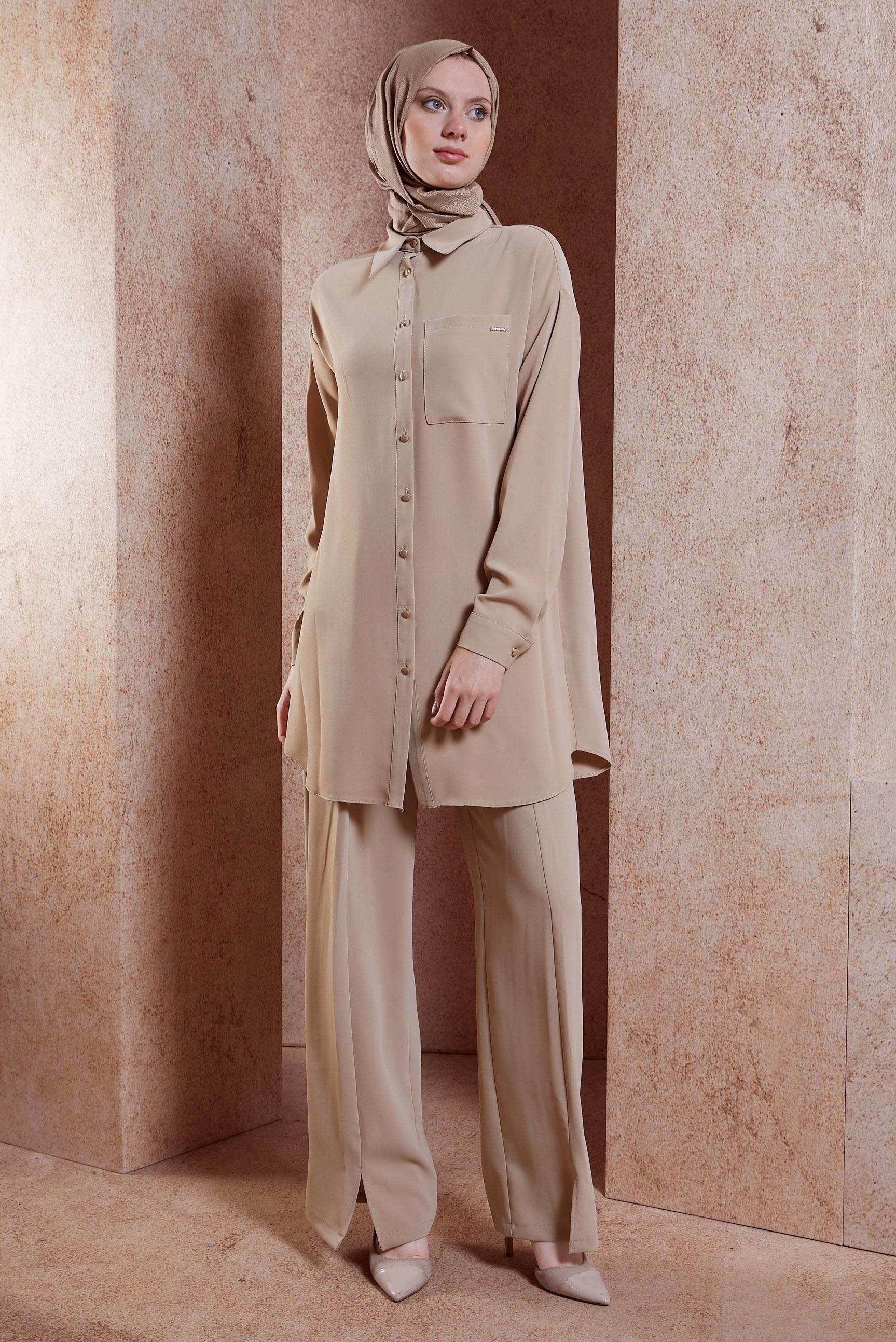 Tesettür giyim VİZON YIRTMAÇ DETAYLI PANTOLONLU TAKIM 44446