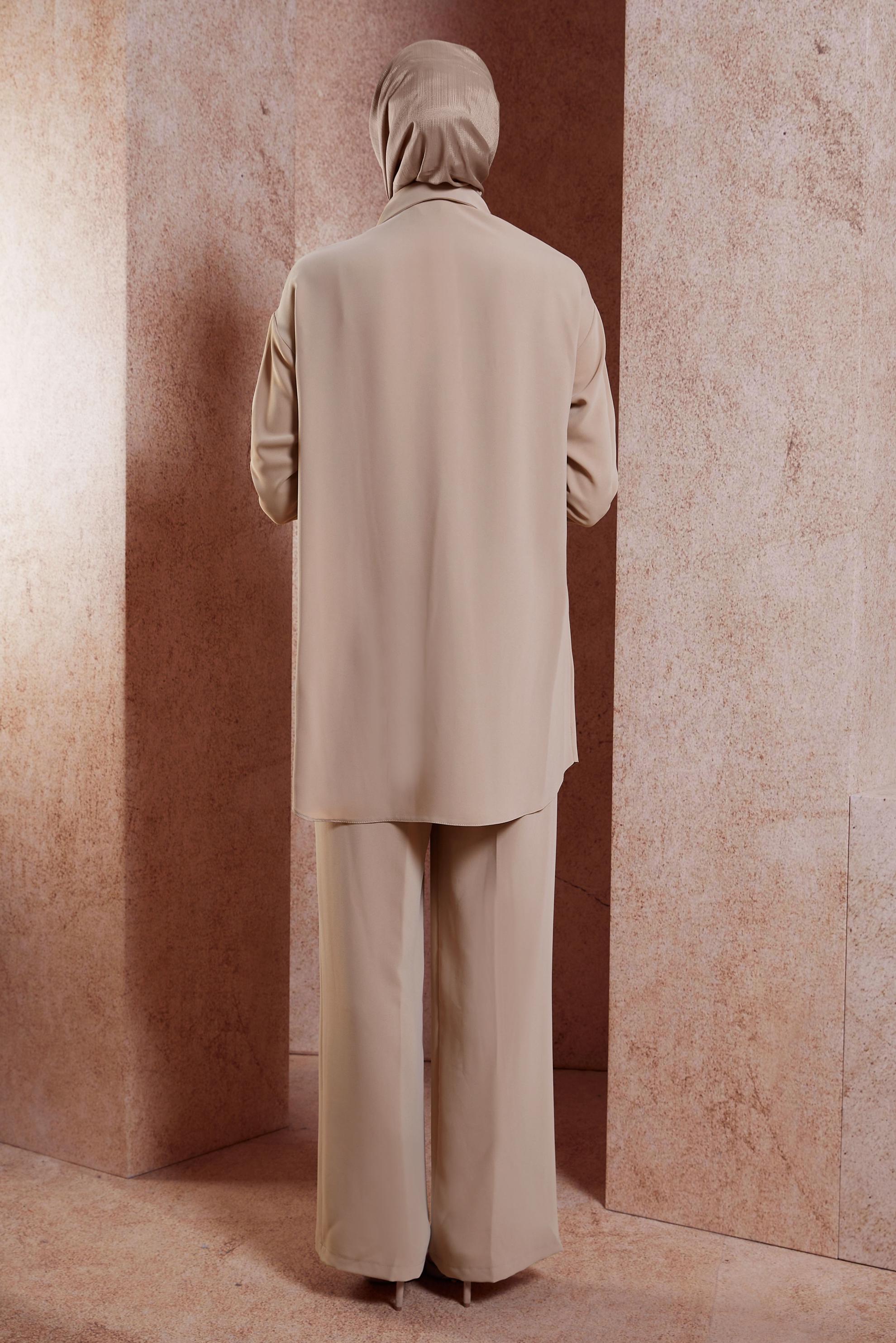 Tesettür giyim VİZON YIRTMAÇ DETAYLI PANTOLONLU TAKIM 44446