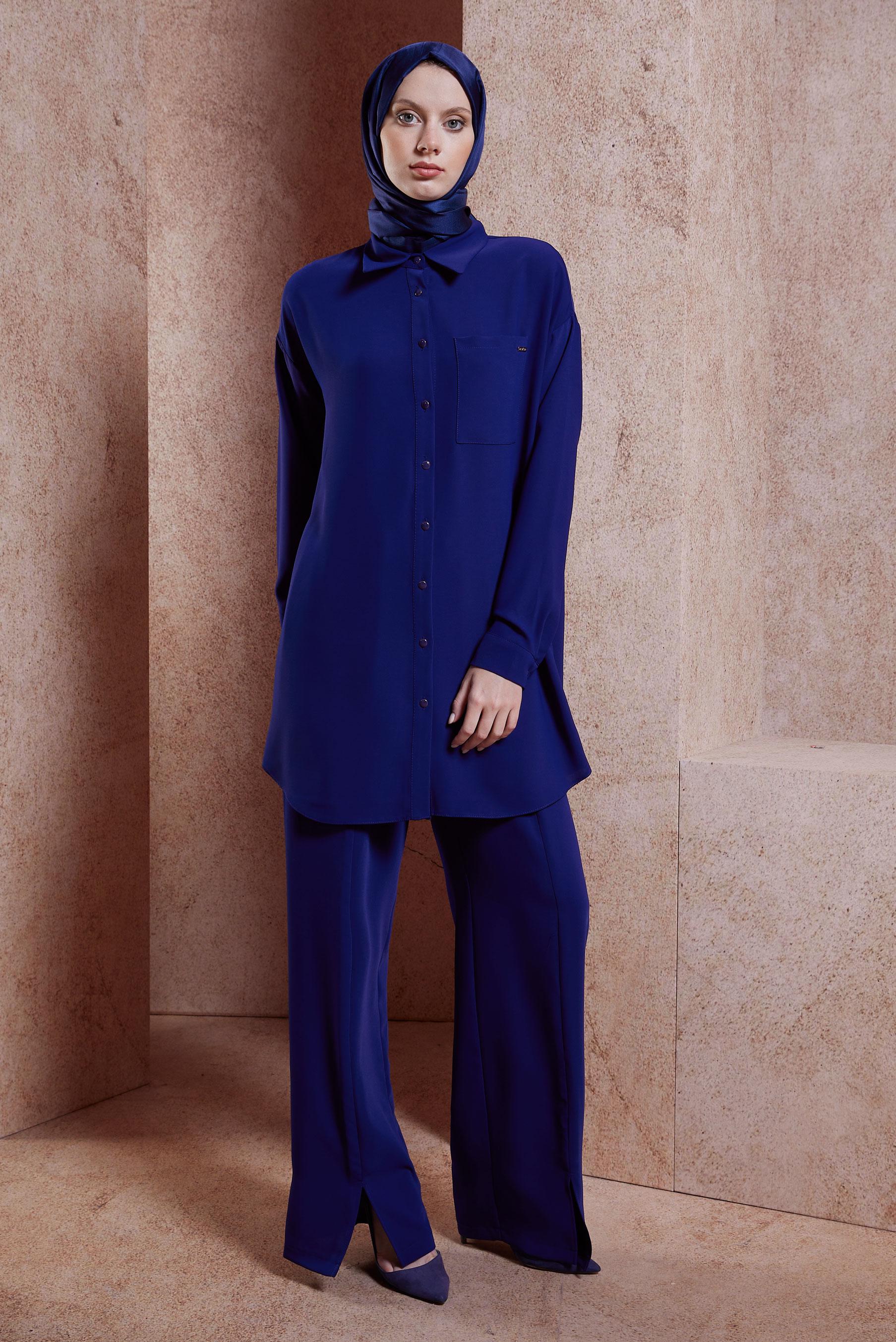 Tesettür giyim MAVİ YIRTMAÇ DETAYLI PANTOLONLU TAKIM 44446