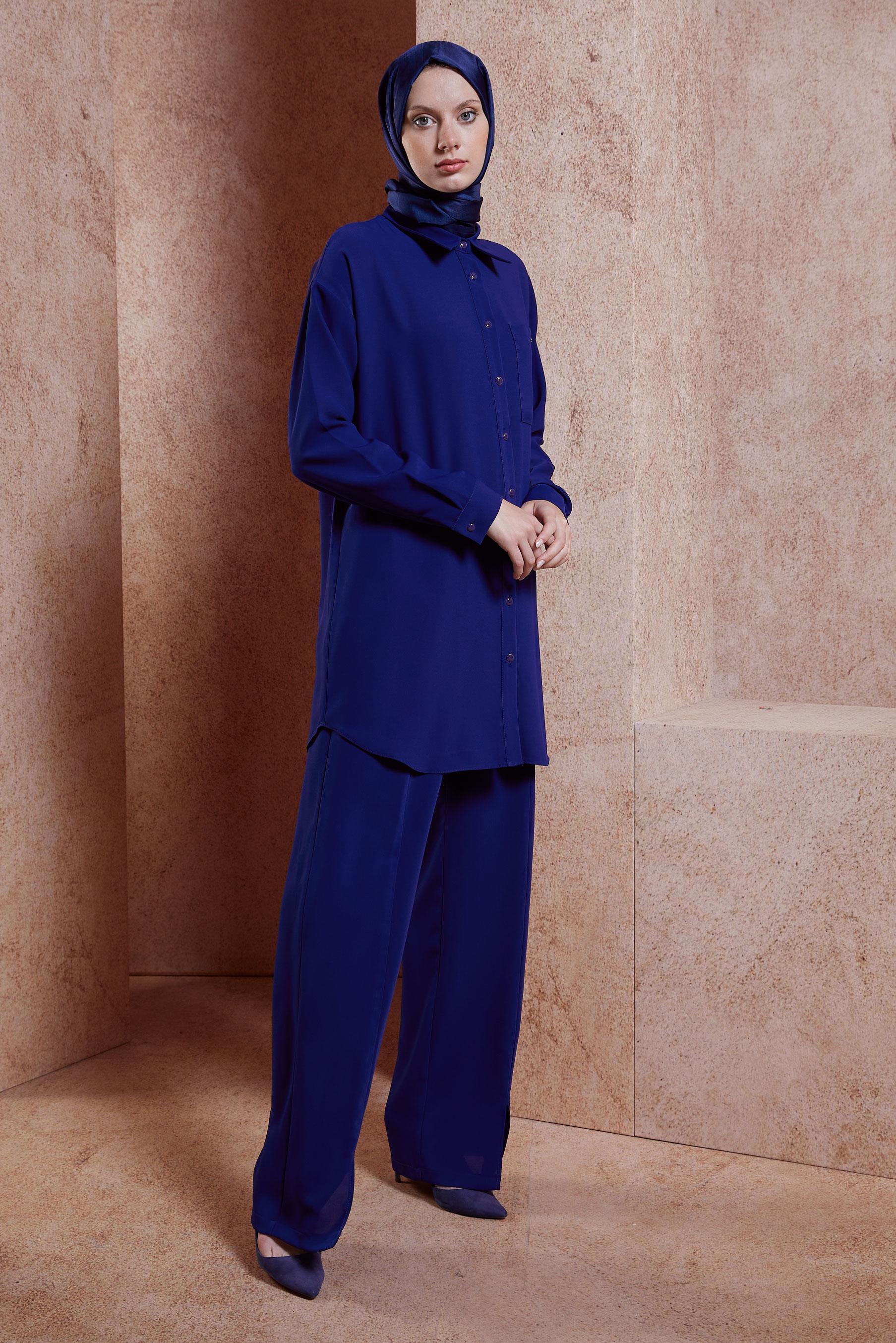 Tesettür giyim MAVİ YIRTMAÇ DETAYLI PANTOLONLU TAKIM 44446