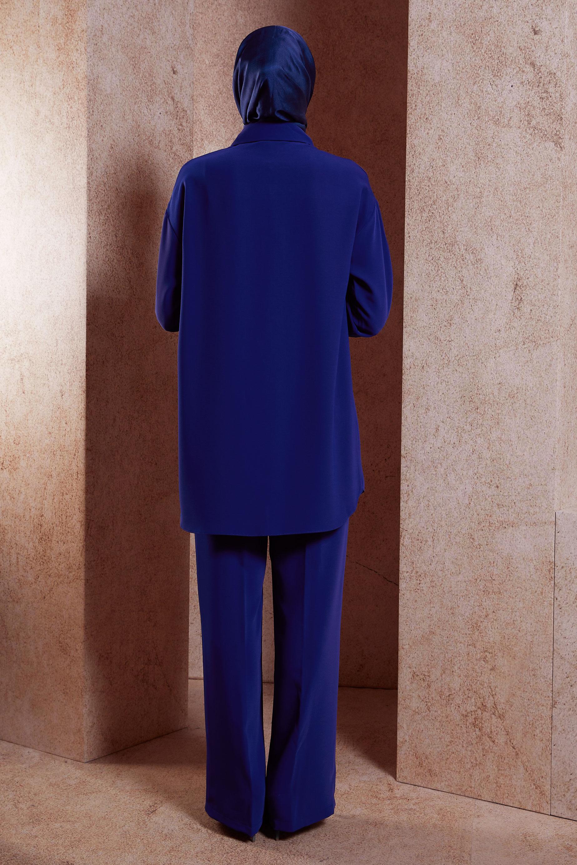 Tesettür giyim MAVİ YIRTMAÇ DETAYLI PANTOLONLU TAKIM 44446