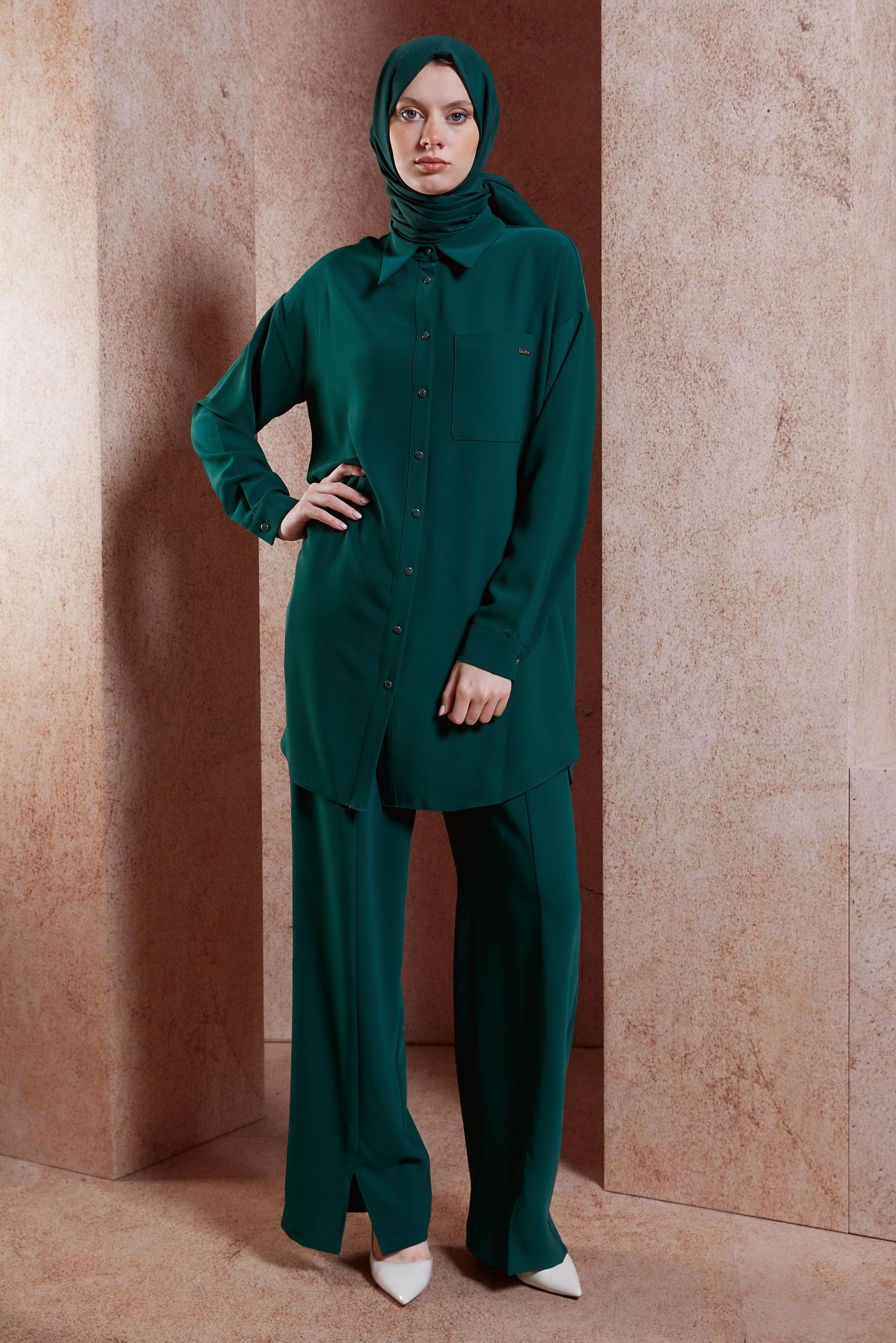 Tesettür giyim YEŞİL YIRTMAÇ DETAYLI PANTOLONLU TAKIM 44446