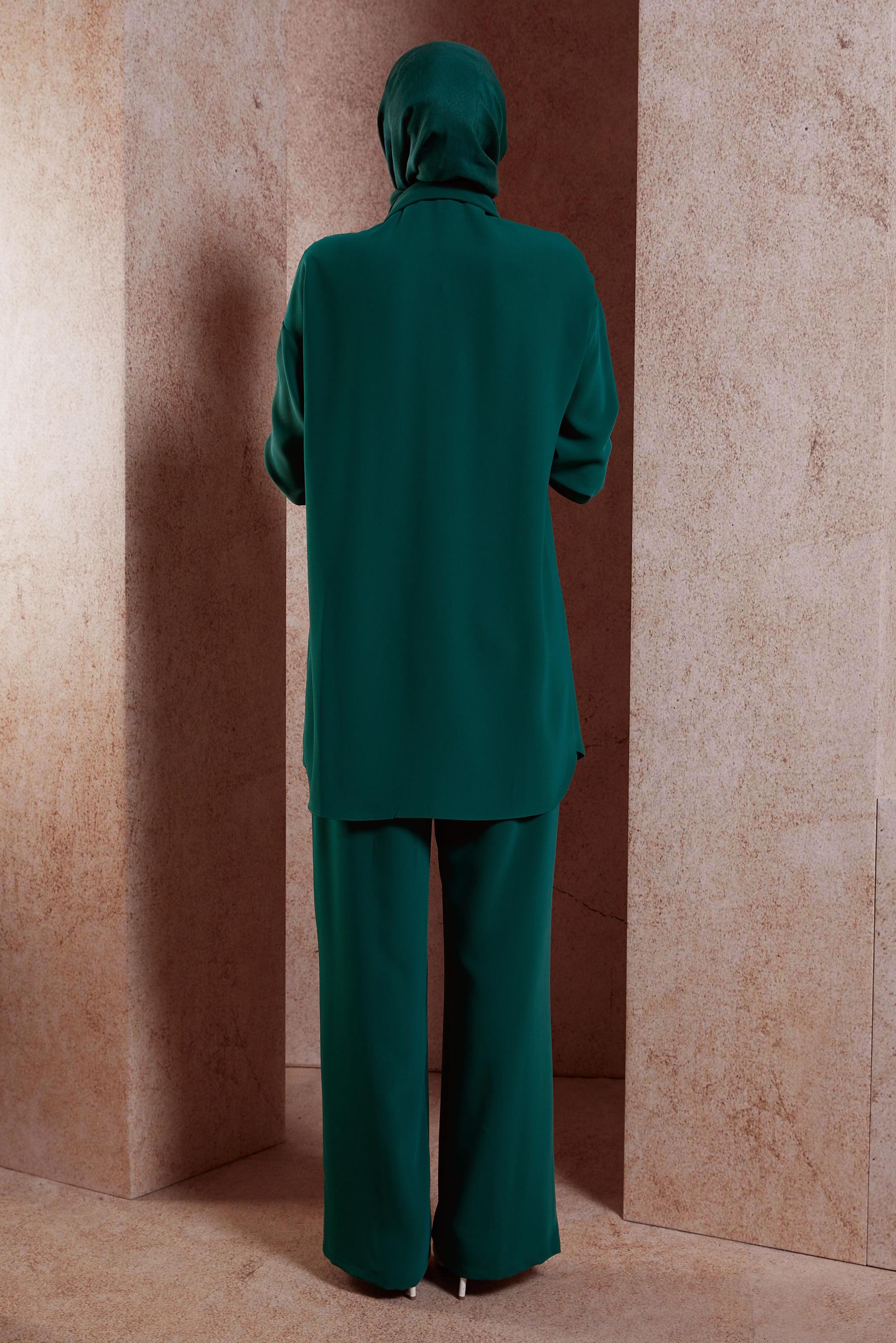 Tesettür giyim YEŞİL YIRTMAÇ DETAYLI PANTOLONLU TAKIM 44446