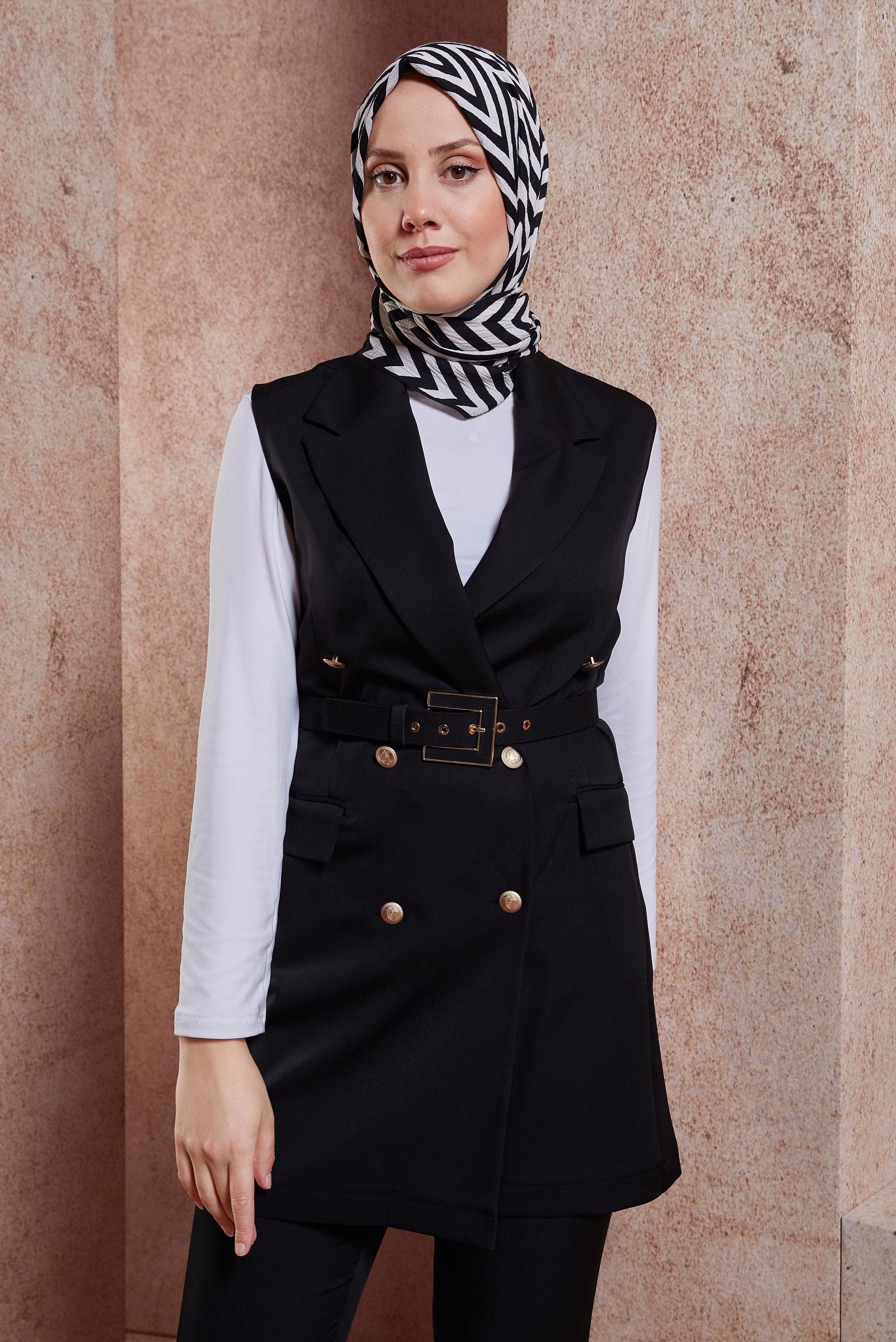Tesettür giyim SİYAH KEMERLİ YELEKLİ PANTOLONLU TAKIM 44454