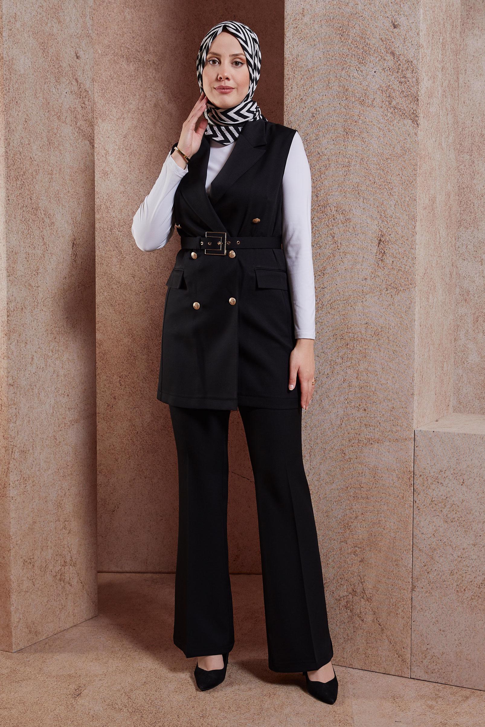 Tesettür giyim SİYAH KEMERLİ YELEKLİ PANTOLONLU TAKIM 44454