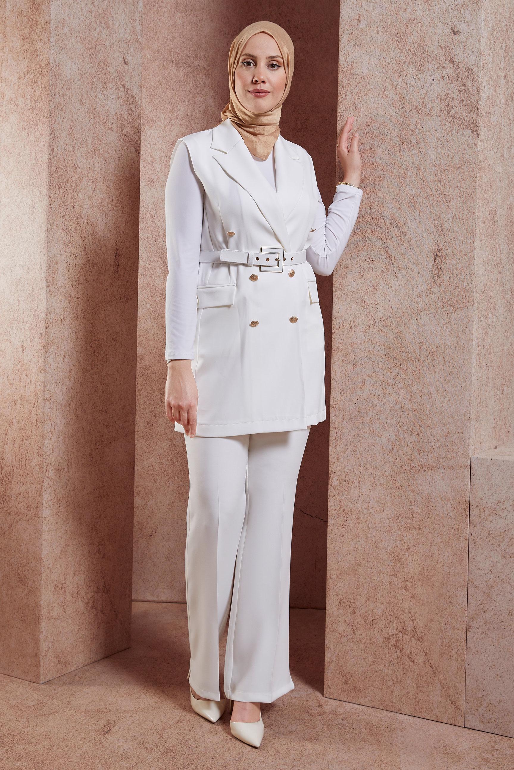 Tesettür giyim BEYAZ KEMERLİ YELEKLİ PANTOLONLU TAKIM 44454