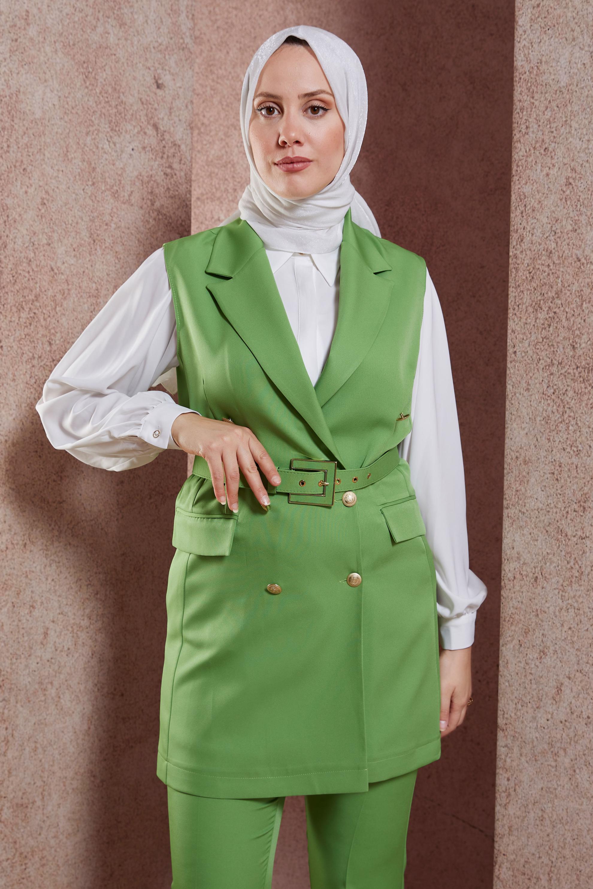 Tesettür giyim YEŞİL KEMERLİ YELEKLİ PANTOLONLU TAKIM 44454