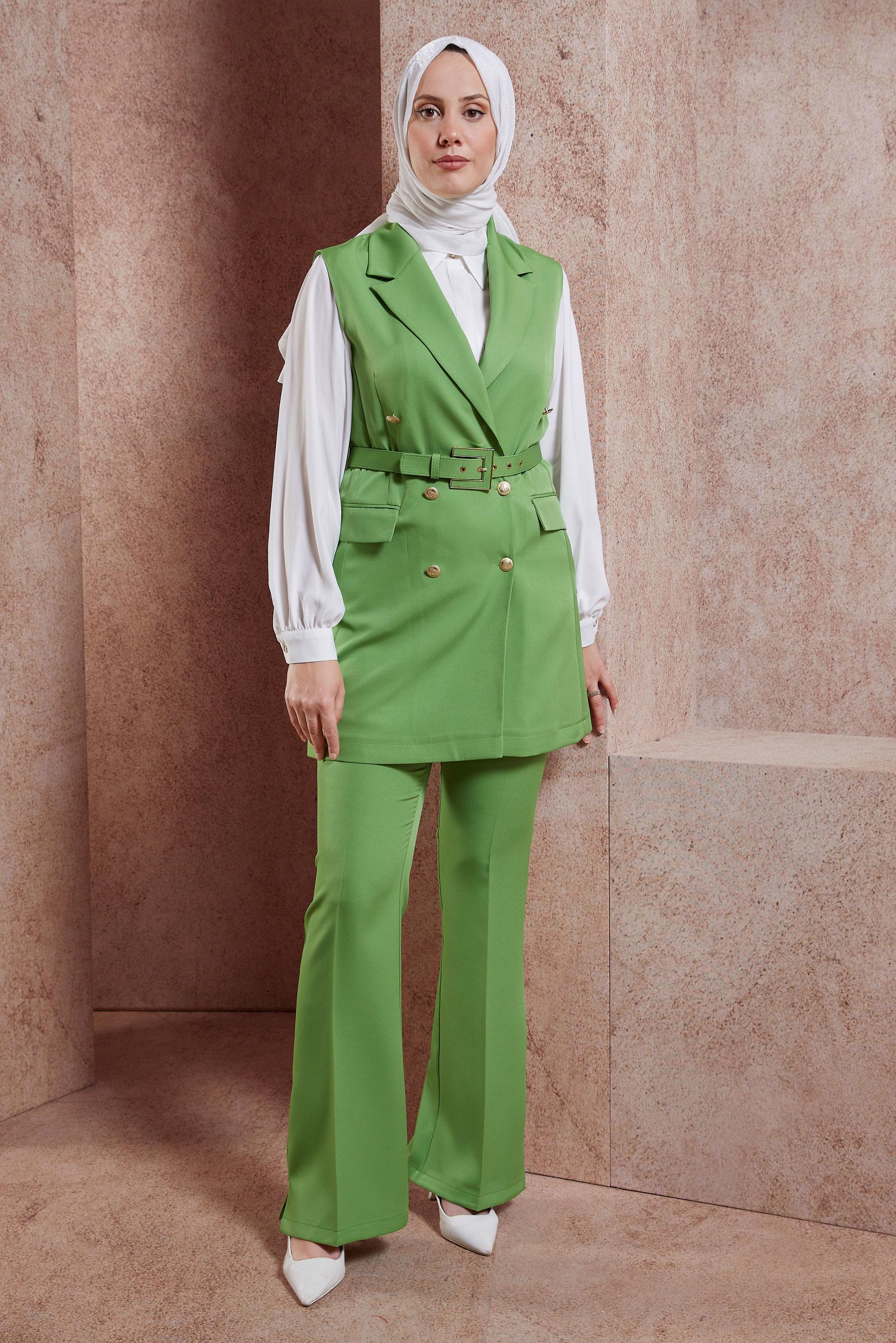 Tesettür giyim YEŞİL KEMERLİ YELEKLİ PANTOLONLU TAKIM 44454