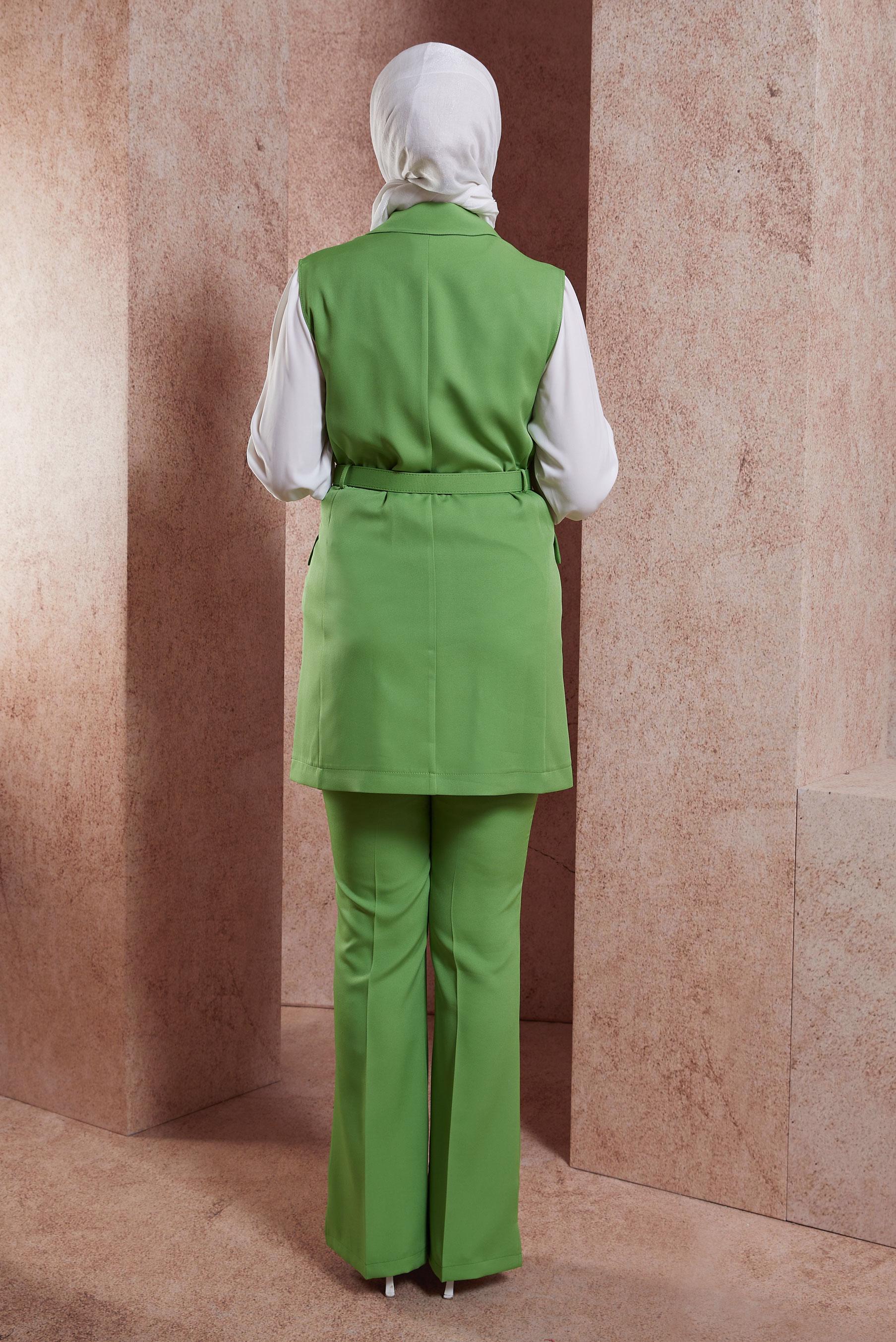 Tesettür giyim YEŞİL KEMERLİ YELEKLİ PANTOLONLU TAKIM 44454