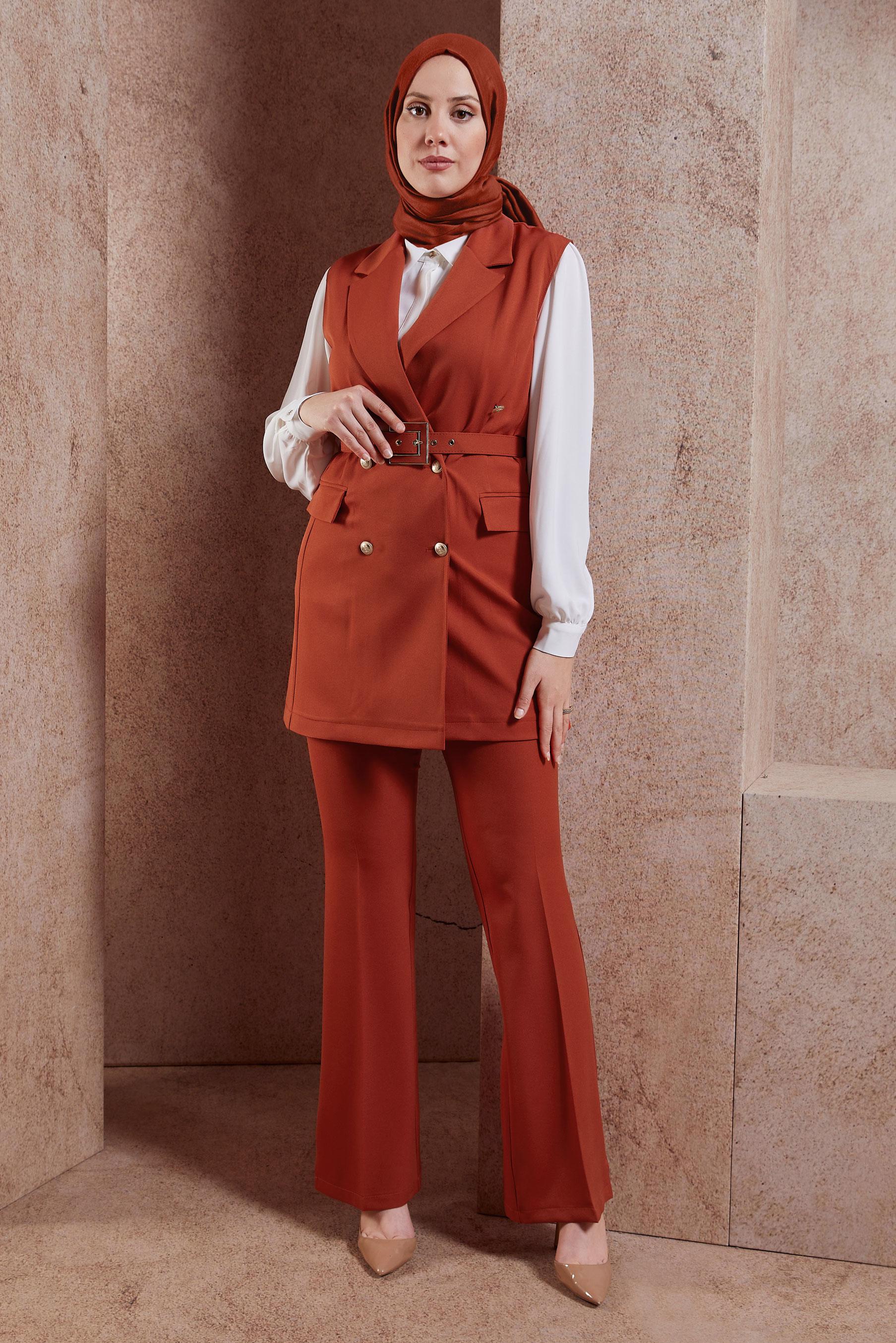 Tesettür giyim TURUNCU KEMERLİ YELEKLİ PANTOLONLU TAKIM 44454