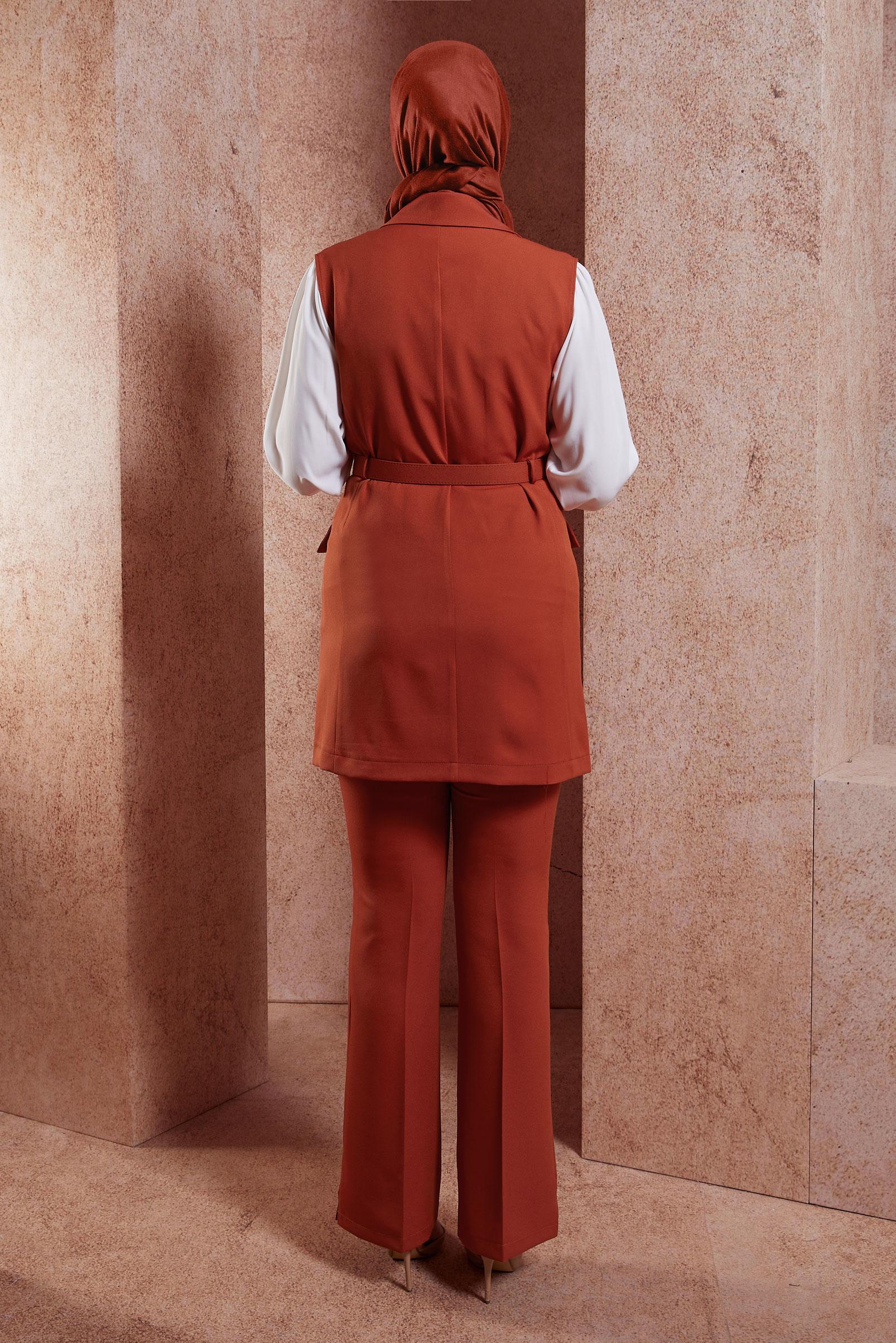 Tesettür giyim TURUNCU KEMERLİ YELEKLİ PANTOLONLU TAKIM 44454