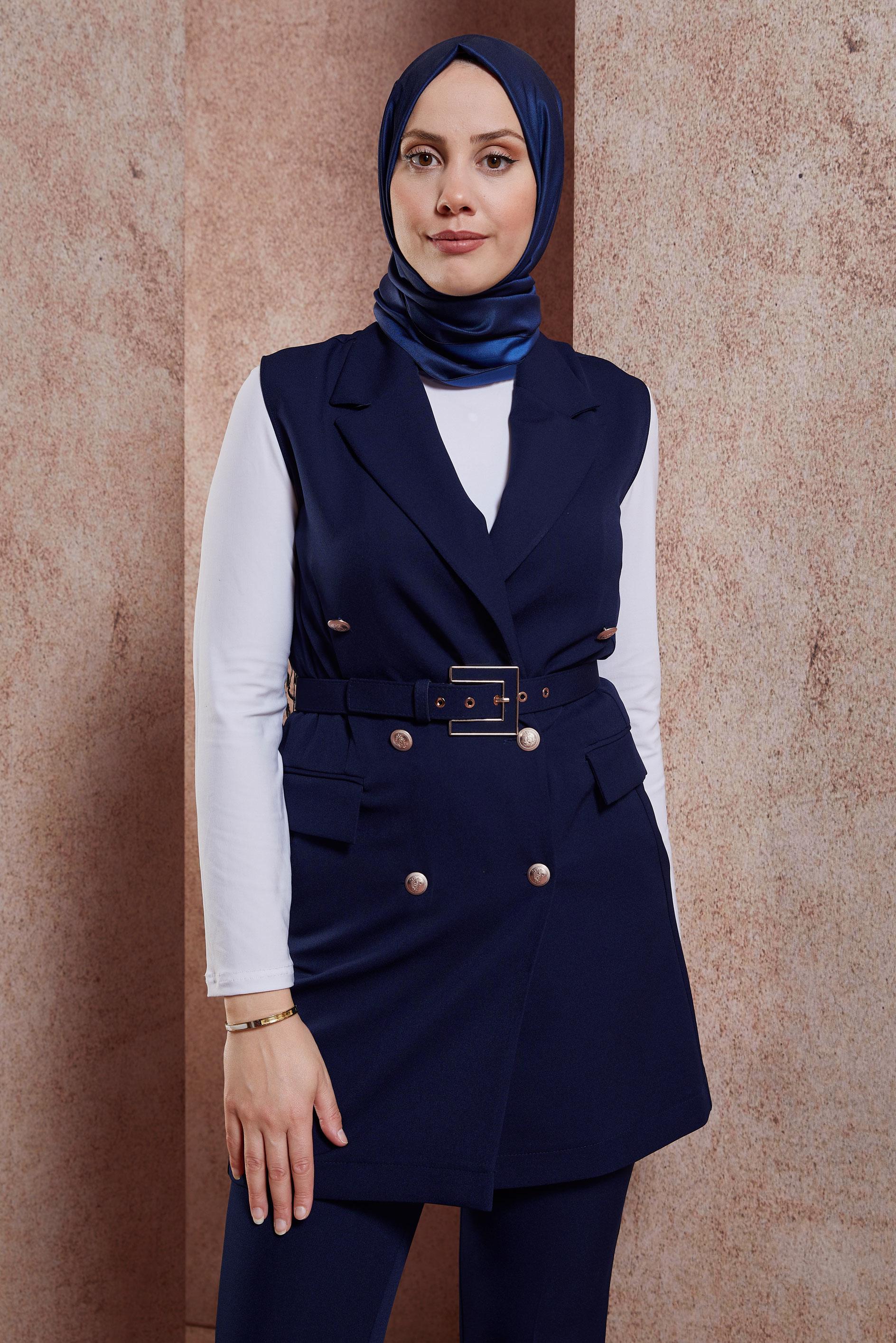 Tesettür giyim LACİVERT KEMERLİ YELEKLİ PANTOLONLU TAKIM 44454