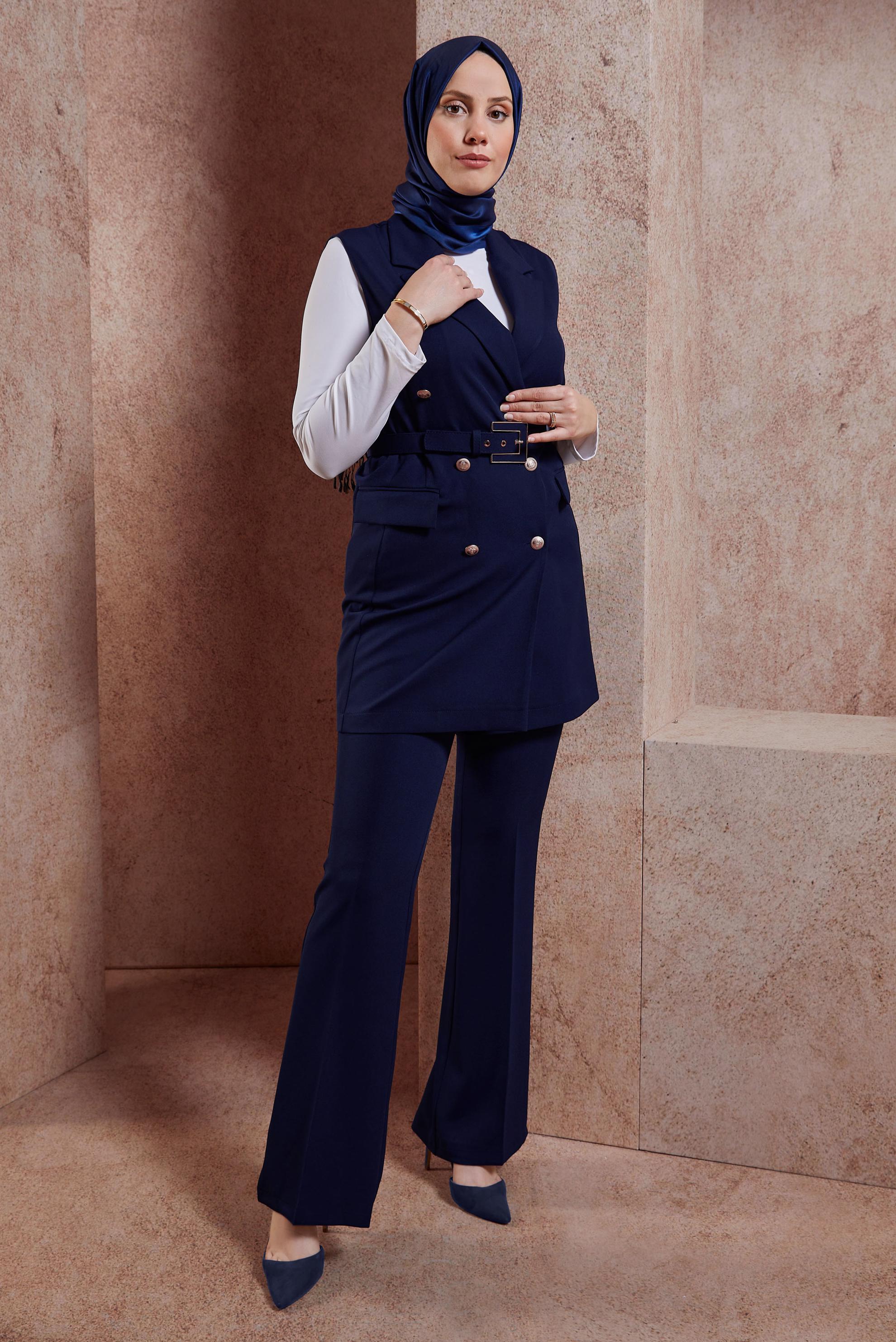 Tesettür giyim LACİVERT KEMERLİ YELEKLİ PANTOLONLU TAKIM 44454