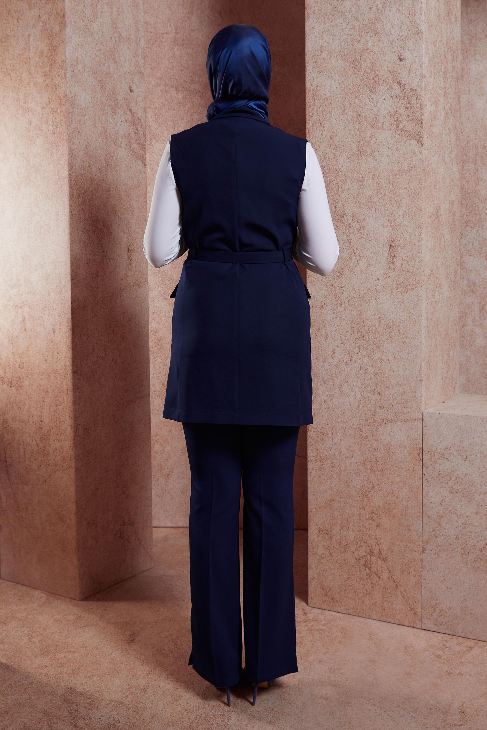 Tesettür giyim LACİVERT KEMERLİ YELEKLİ PANTOLONLU TAKIM 44454